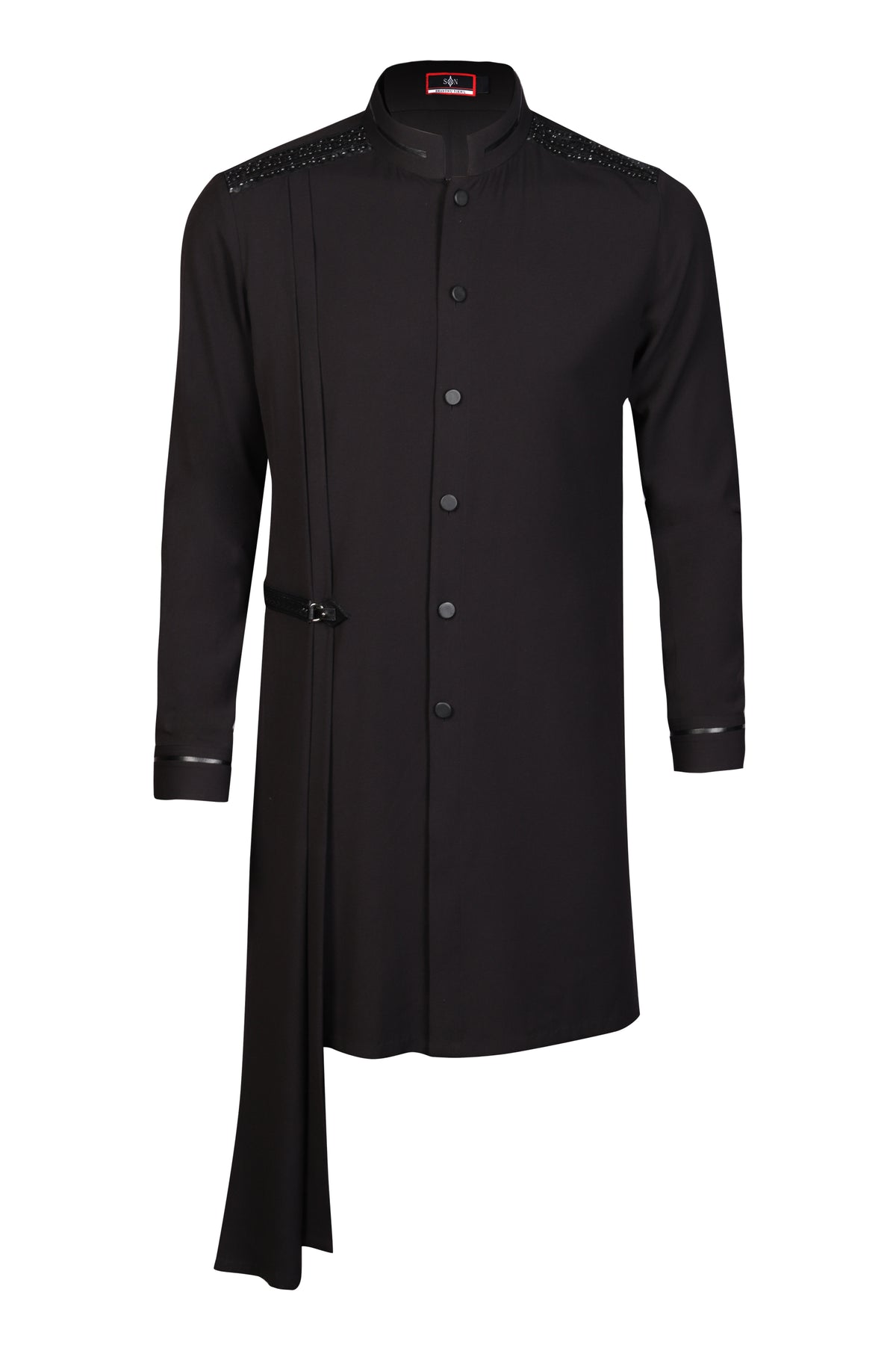 Black Crested Shirt Kurta with Neo-Drape