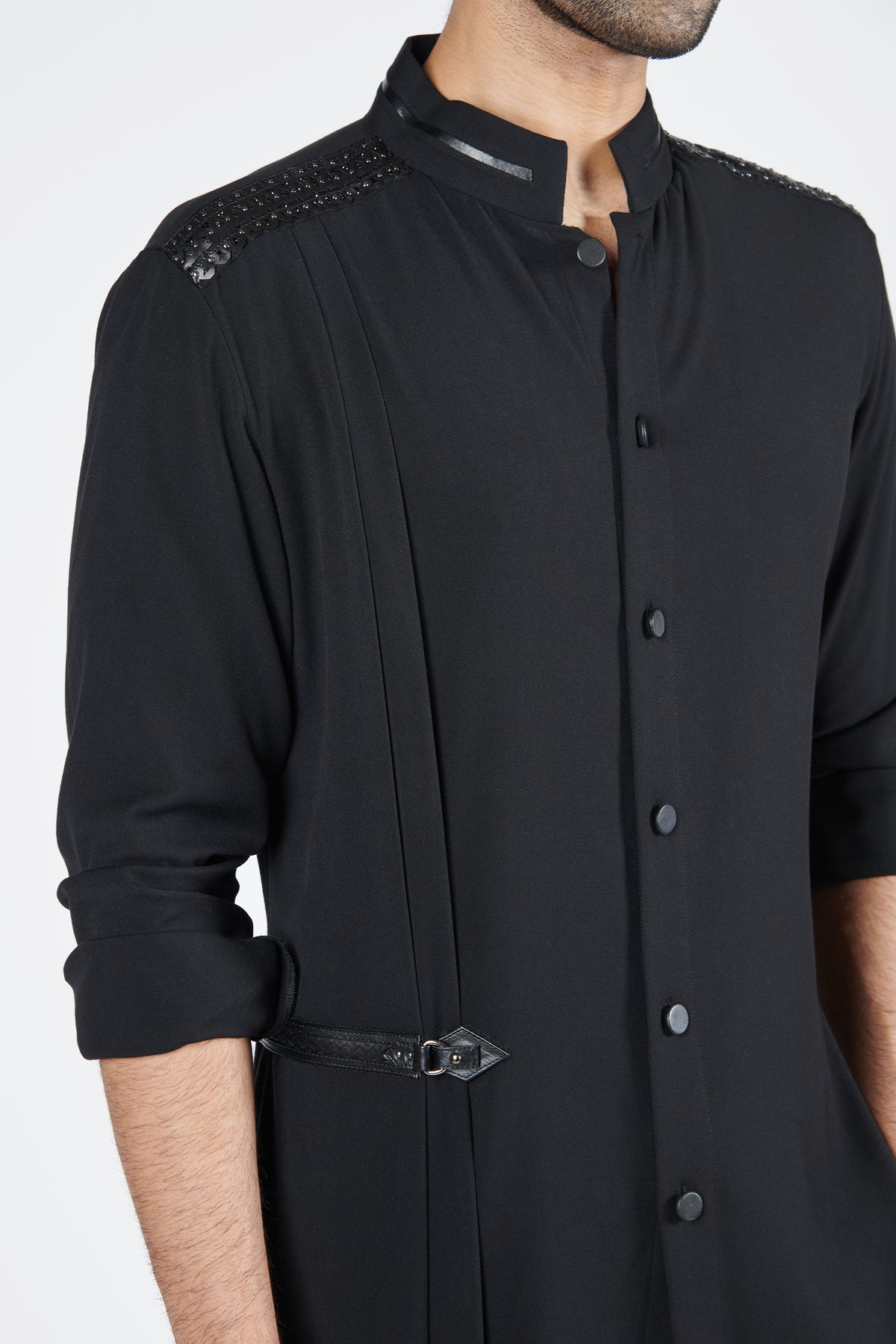 Black Crested Shirt Kurta with Neo-Drape