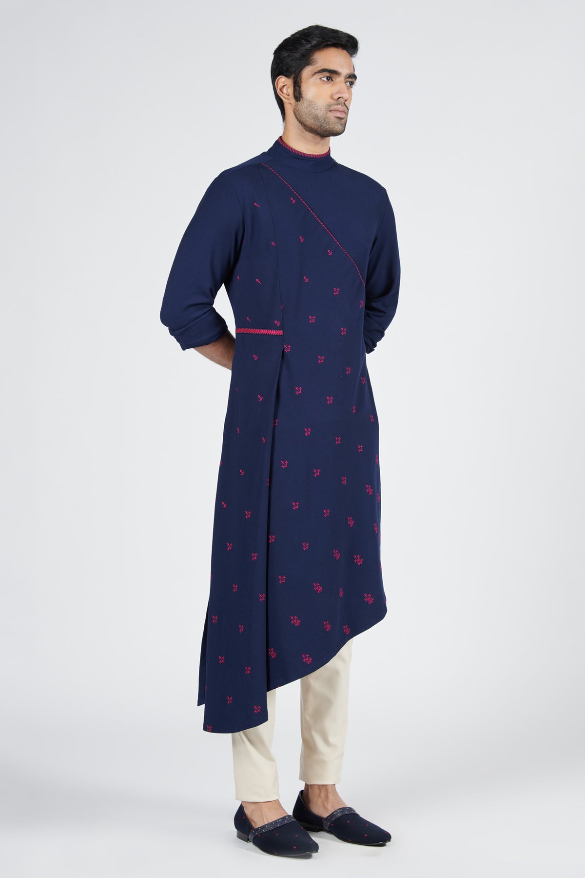 Navy Asymmetric Thread Work Kurta
