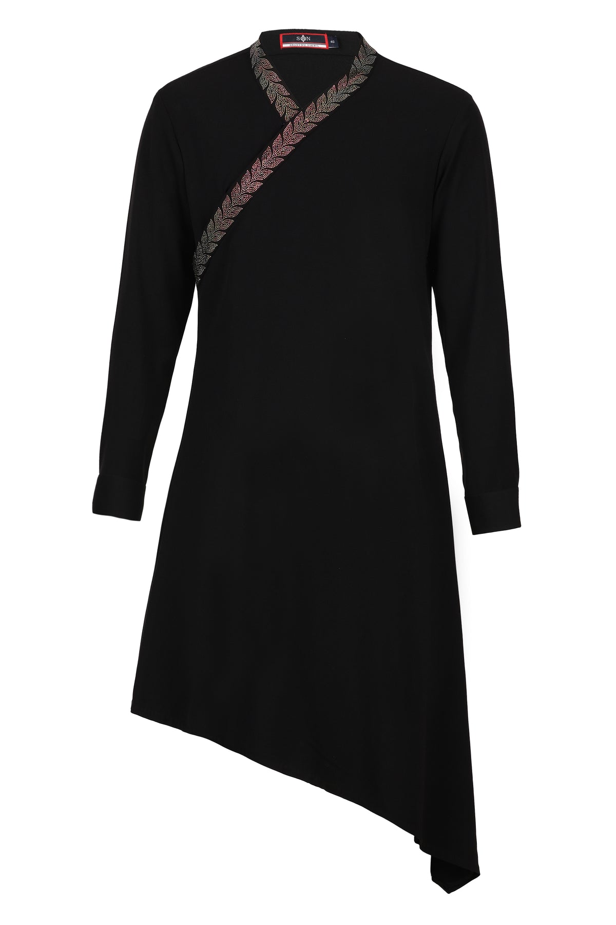 Black Asymmetrical Kurta with Crystal Neckline