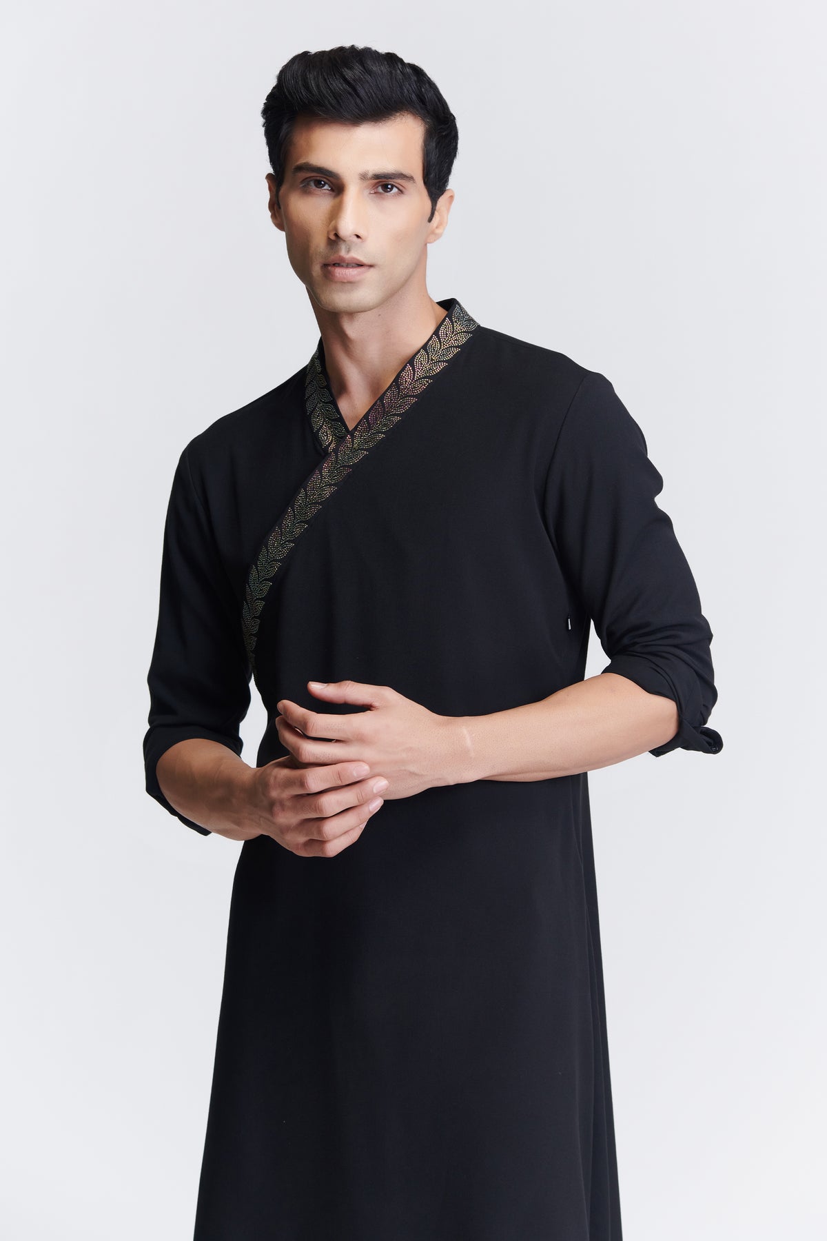 Black Asymmetrical Kurta with Crystal Neckline