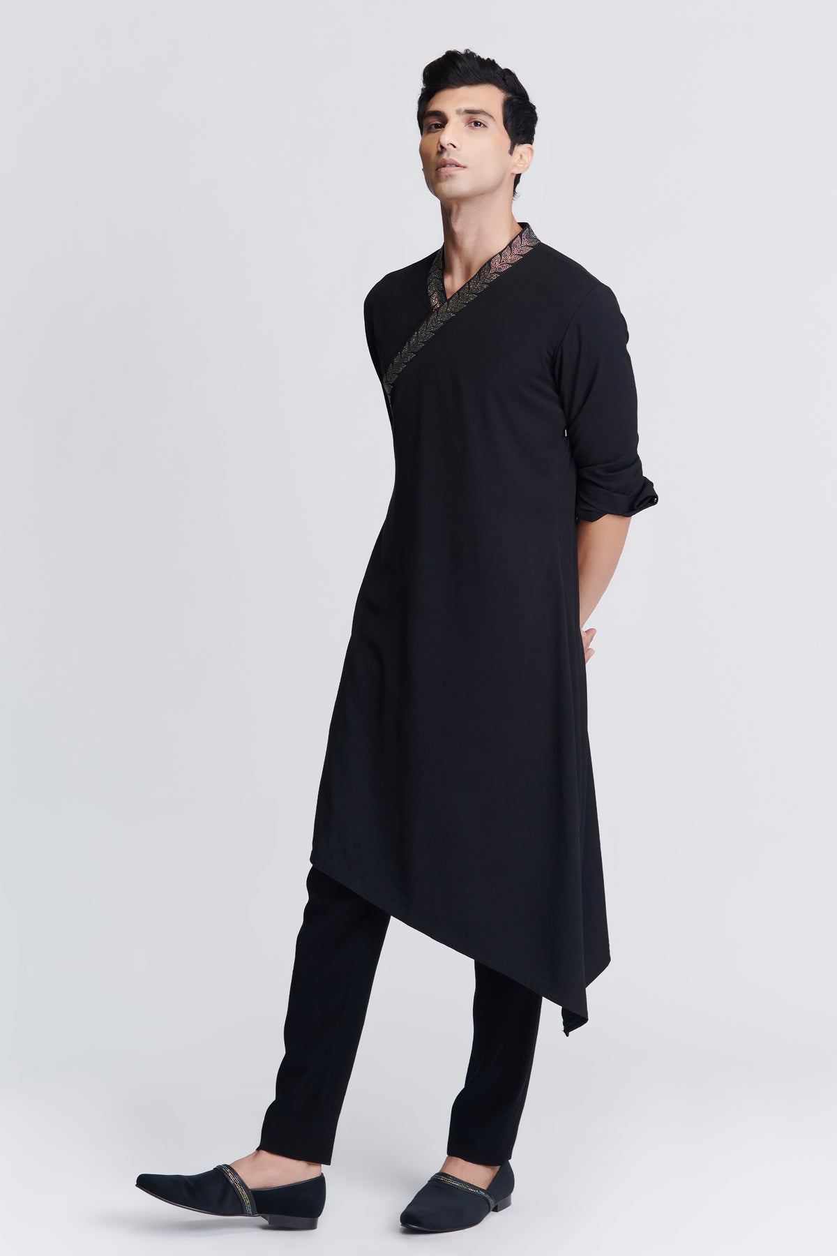 Black Asymmetrical Kurta with Crystal Neckline