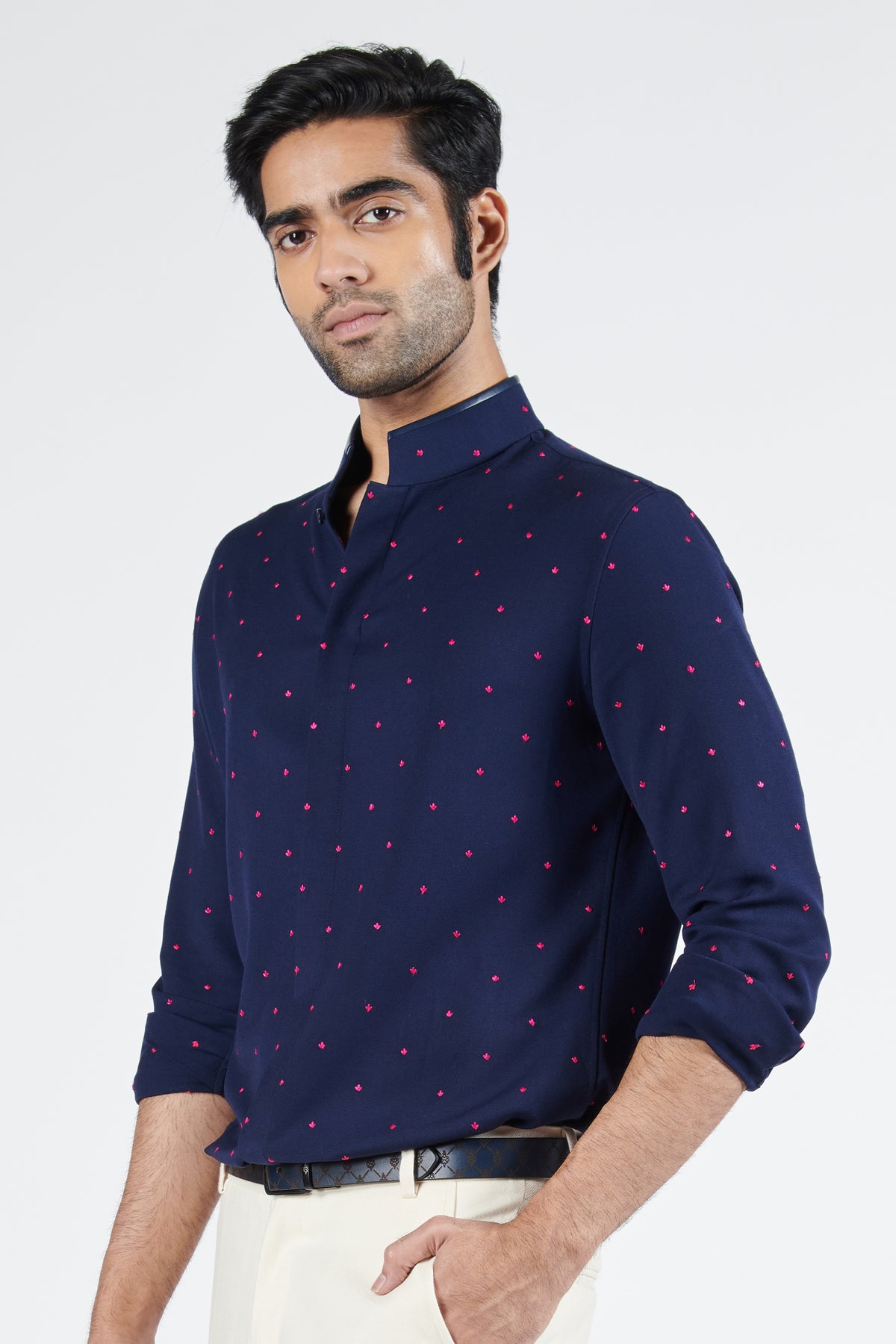 Navy Shirt with Pink Thread Work