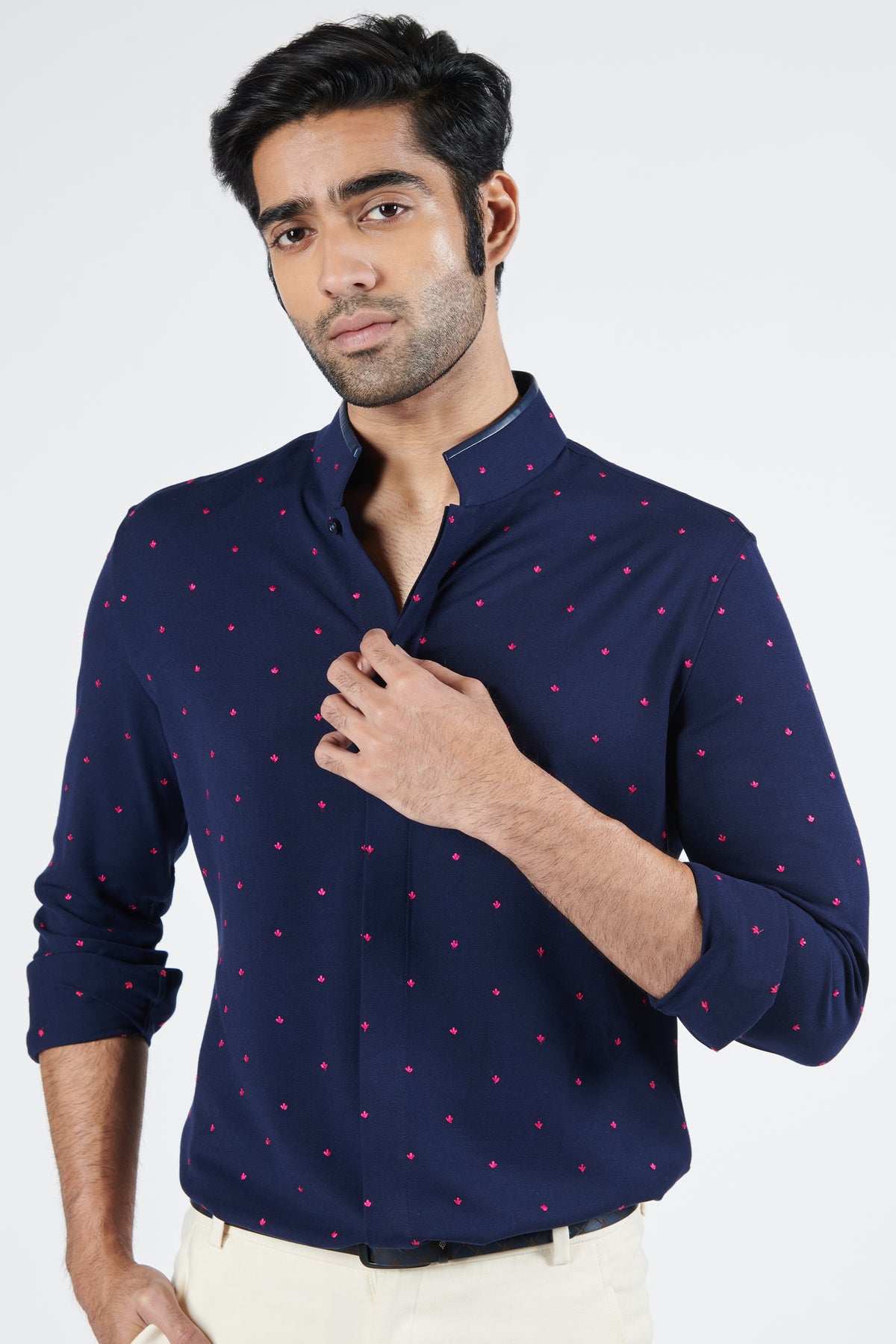 Navy Shirt with Pink Thread Work