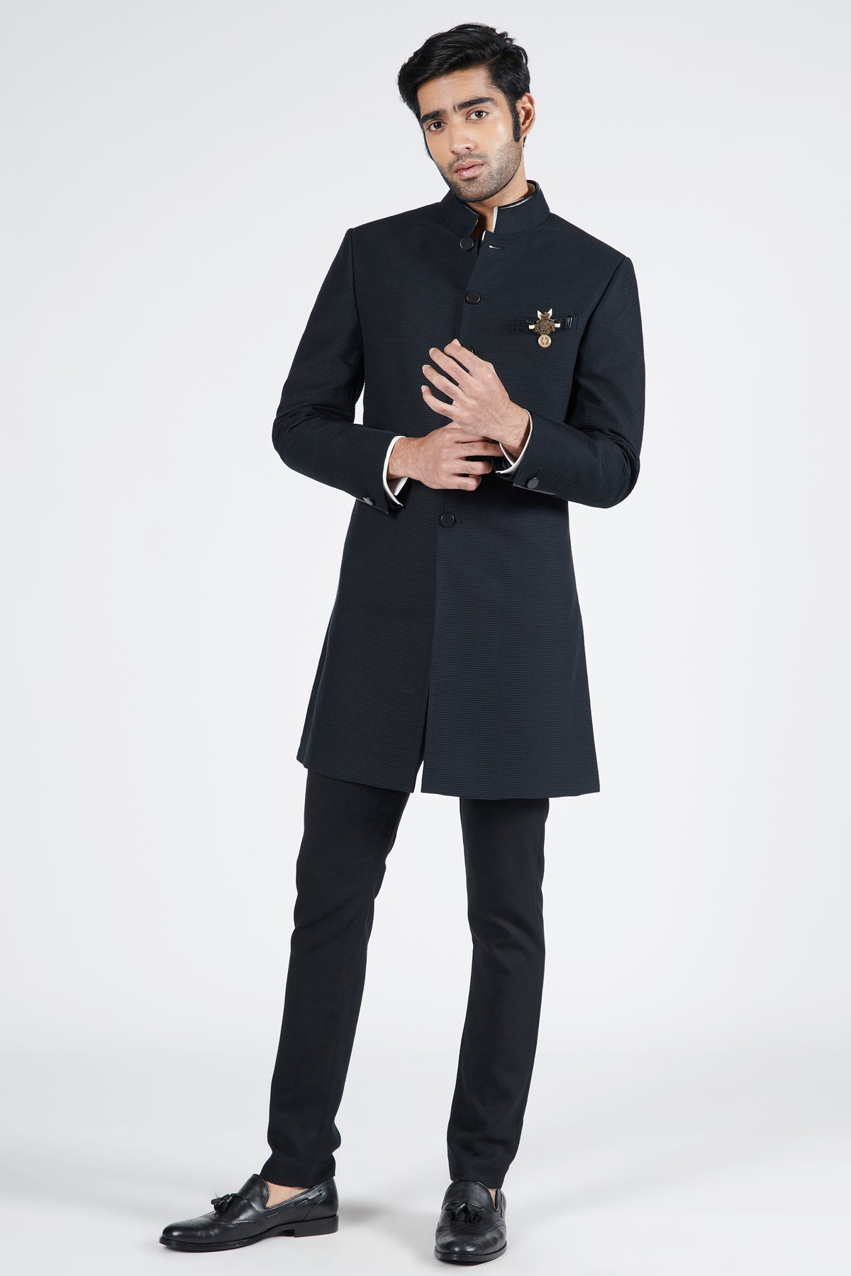 Black Textured Sherwani