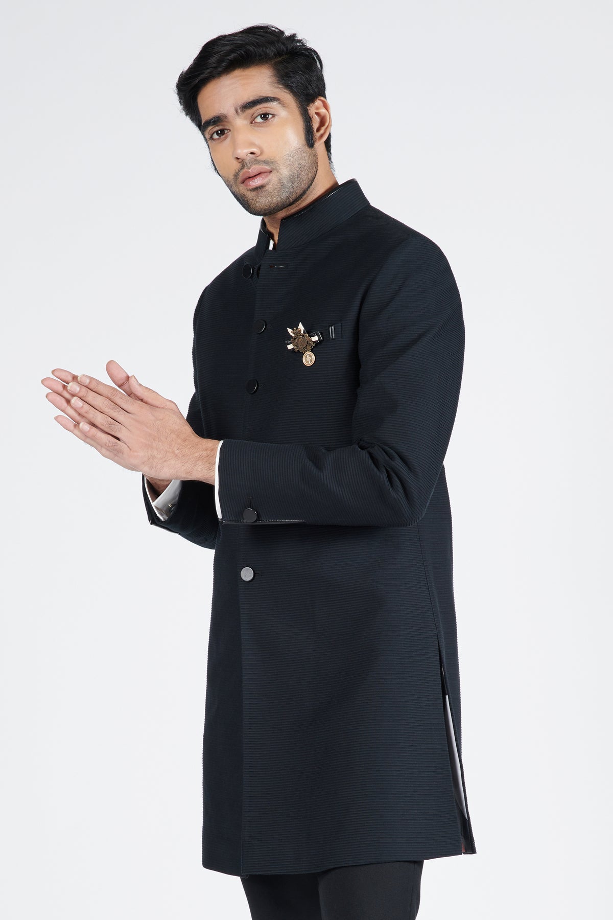 Black Textured Sherwani