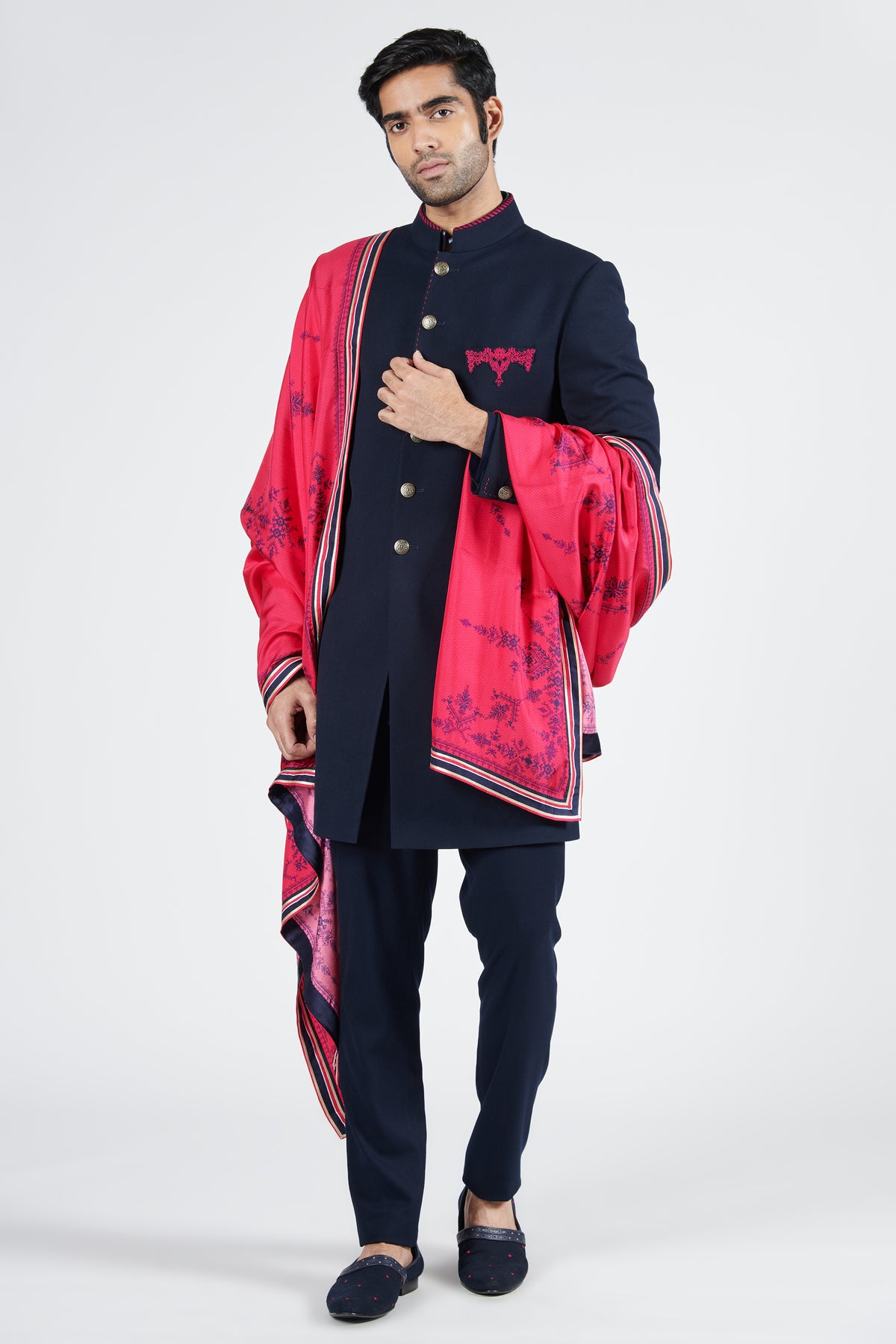 Navy Sherwani with Embroidered Pocket