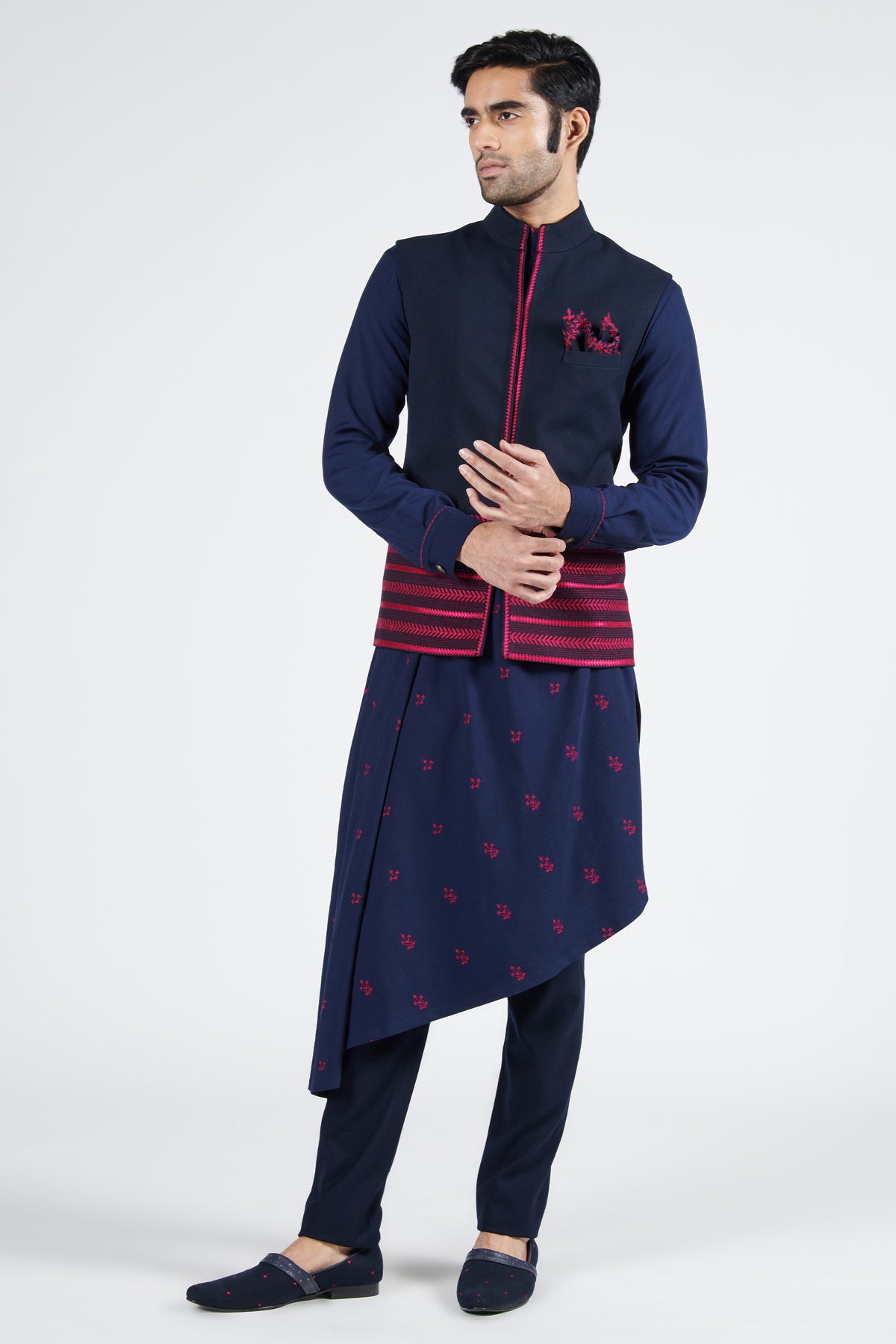 Navy Waistcoat with Pink Embroidery
