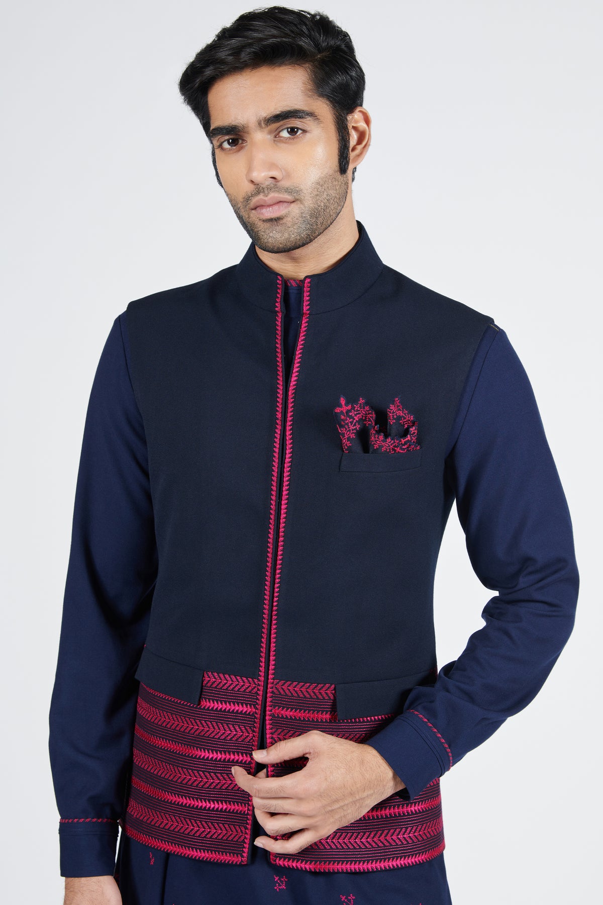 Navy Waistcoat with Pink Embroidery