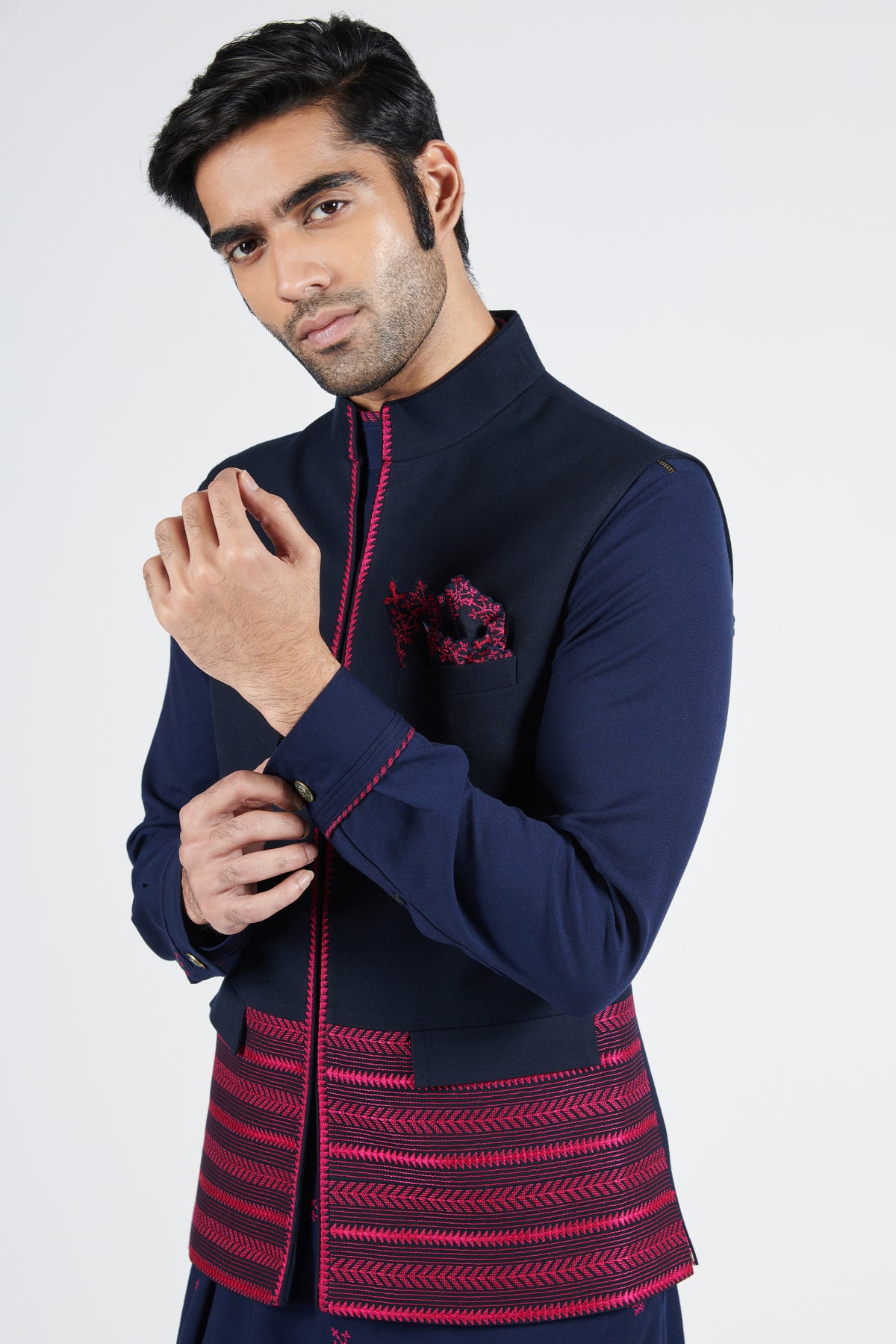 Navy Waistcoat with Pink Embroidery