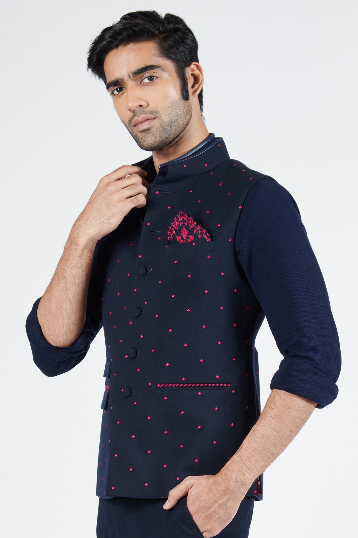 Navy Waistcoat with Pink Thread Work