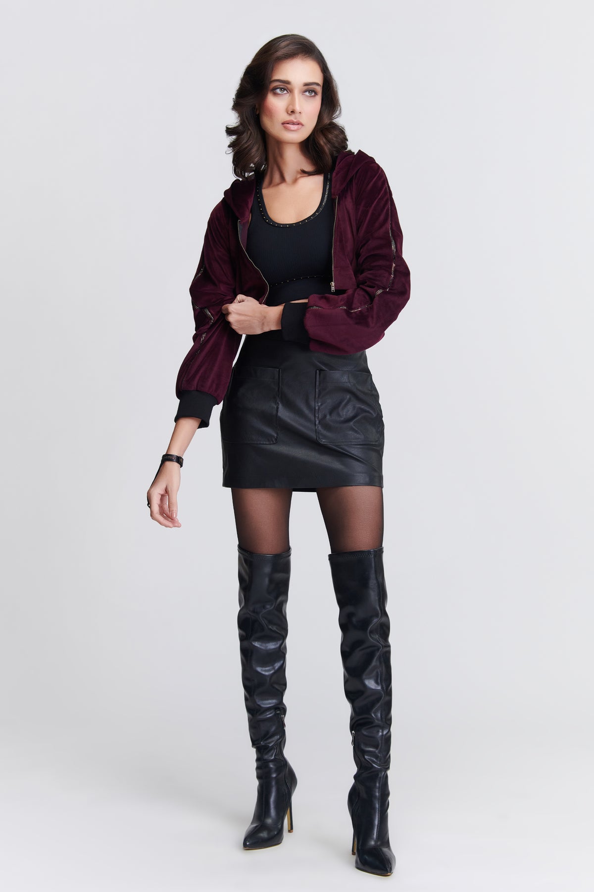 Cropped Velvet Hoodie