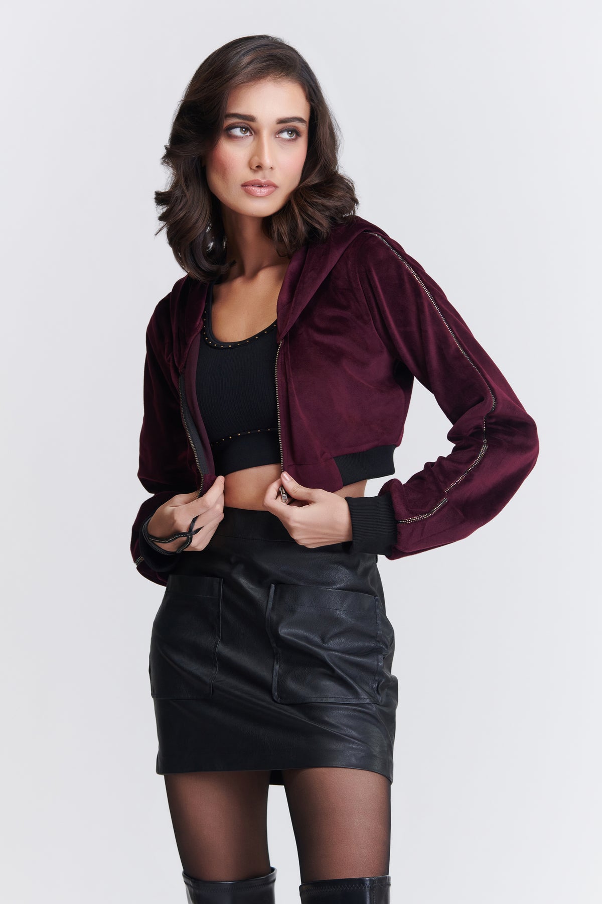 Cropped Velvet Hoodie