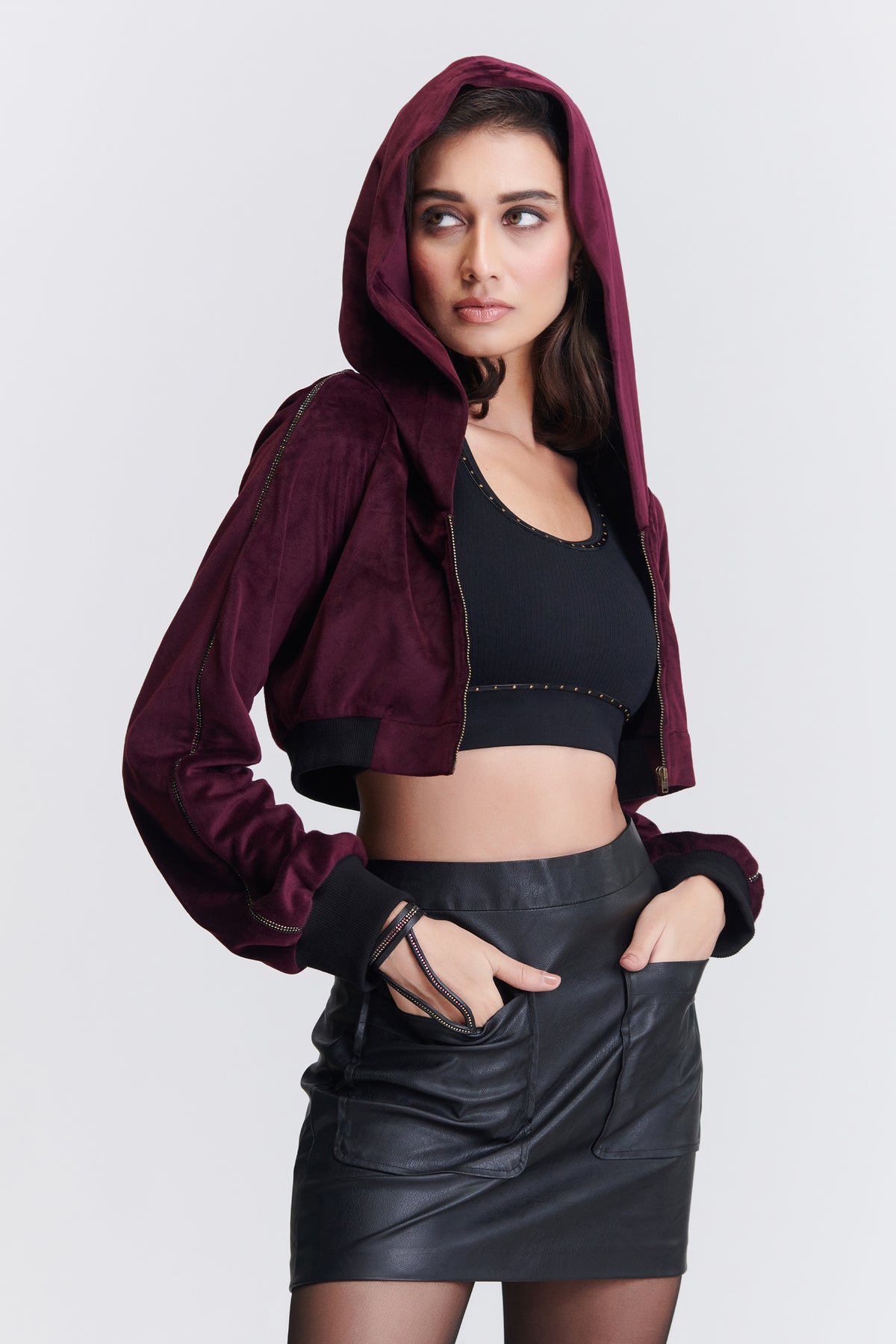 Cropped Velvet Hoodie