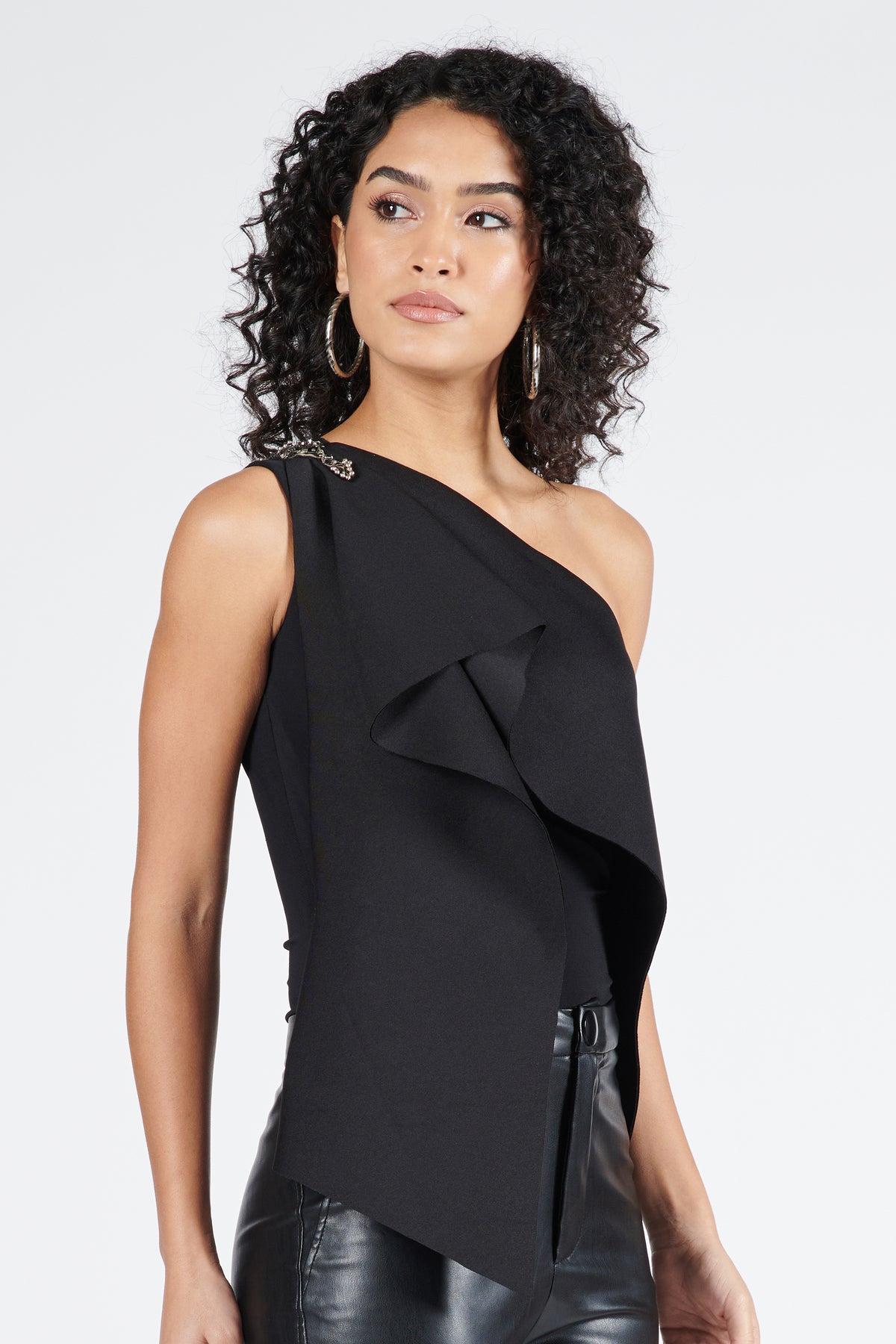One Shoulder Black Drape Top
