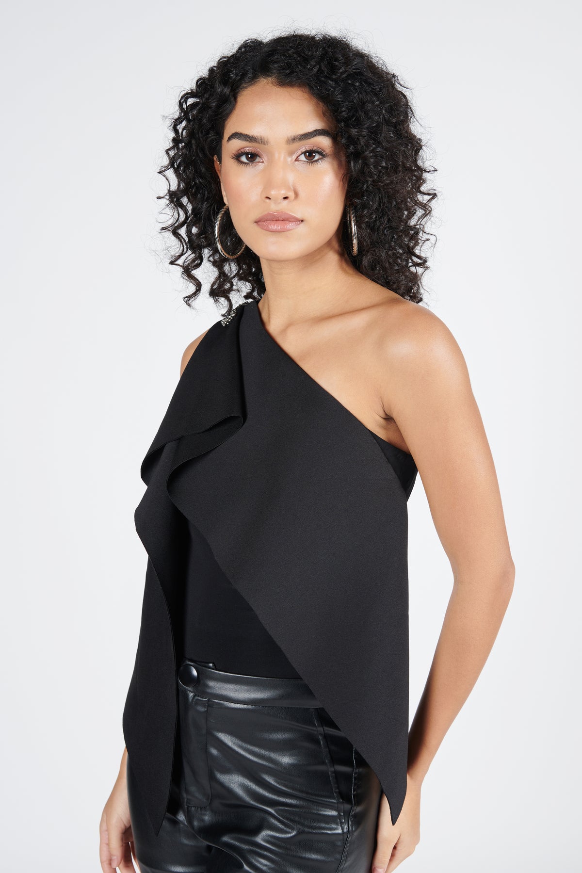 One Shoulder Black Drape Top