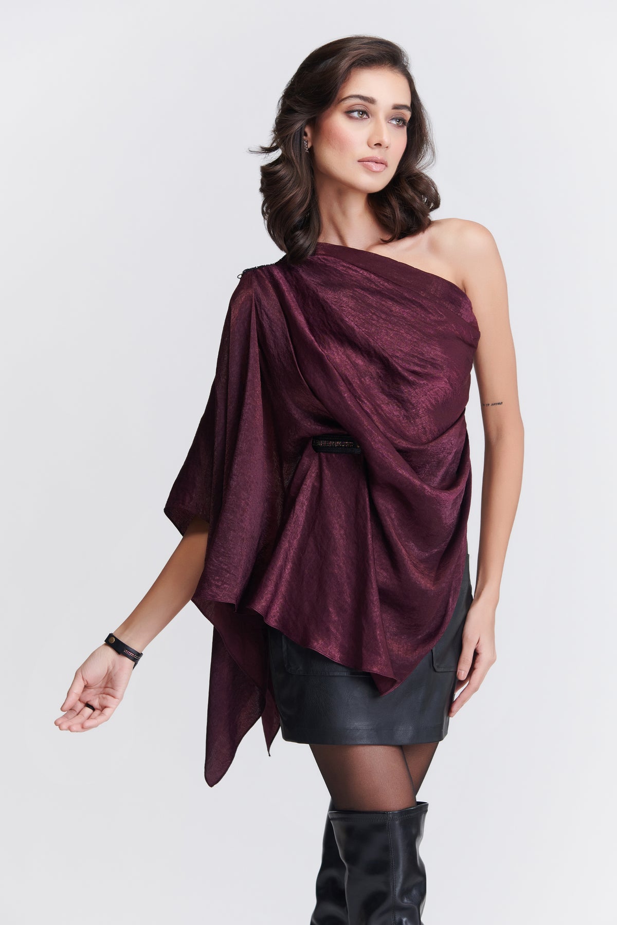 One Shoulder Plum Drape Top