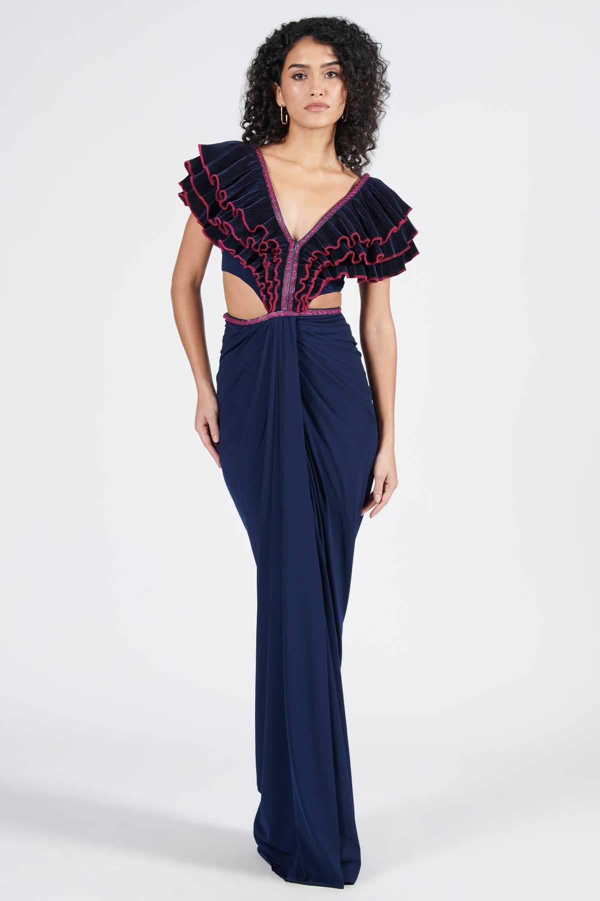 Navy Flounced Gown with Slit