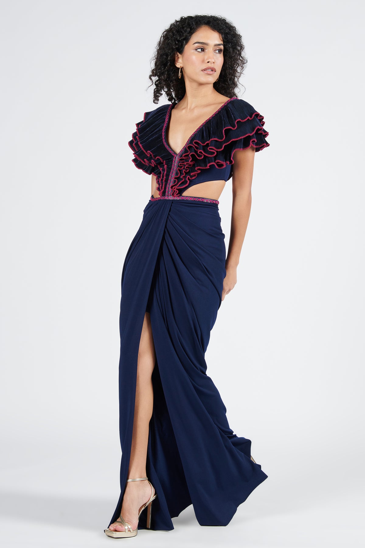 Navy Flounced Gown with Slit