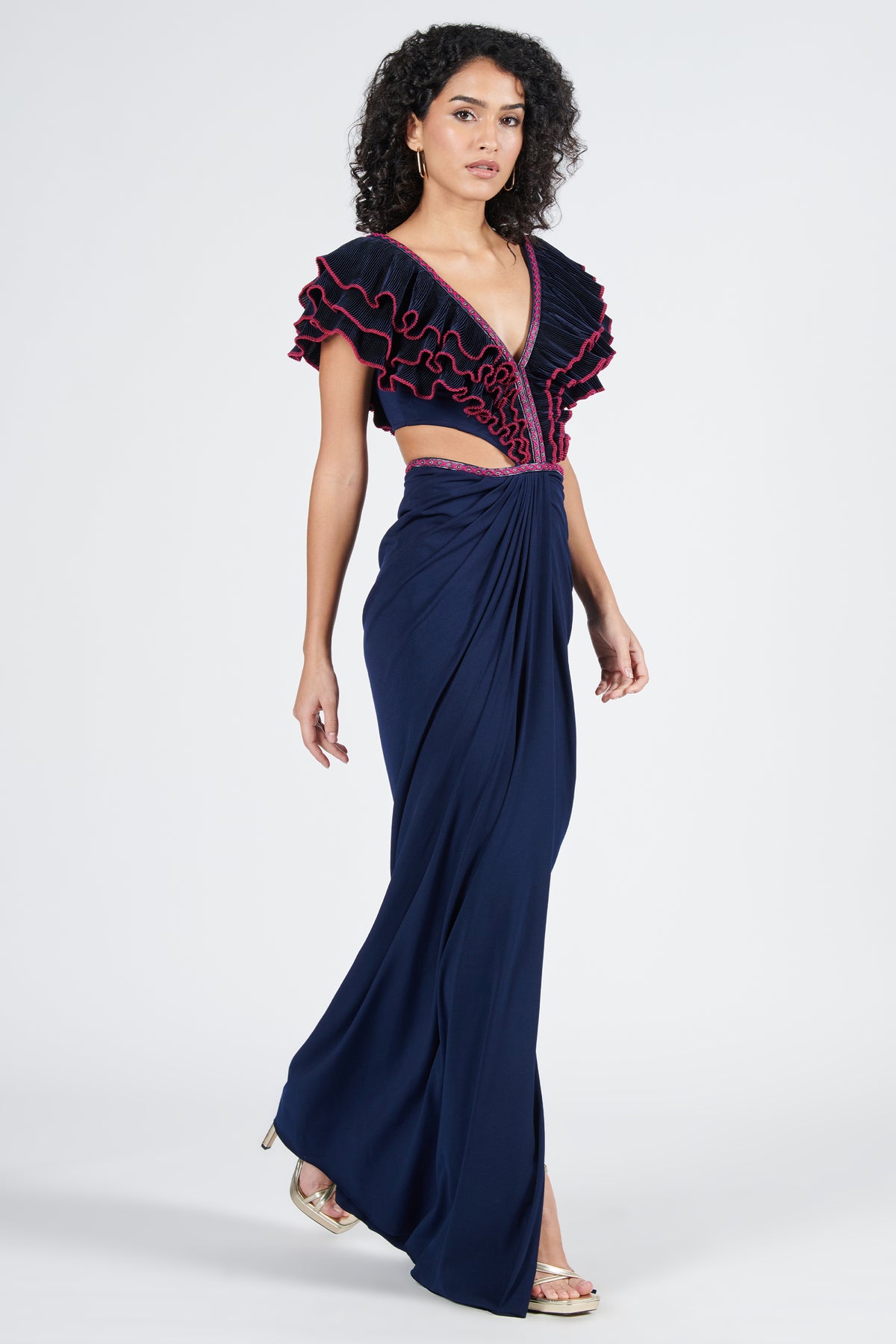 Navy Flounced Gown with Slit