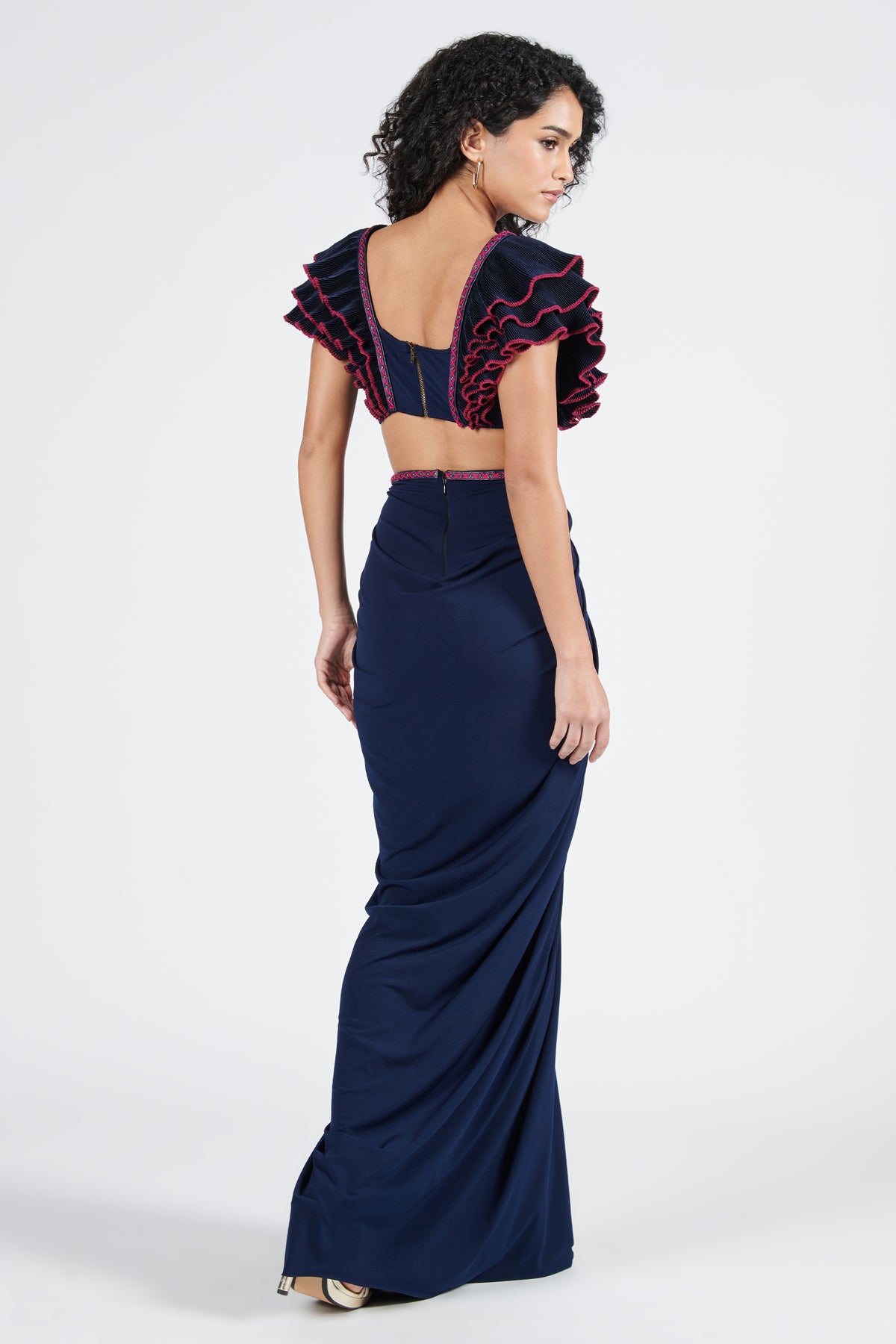 Navy Flounced Gown with Slit