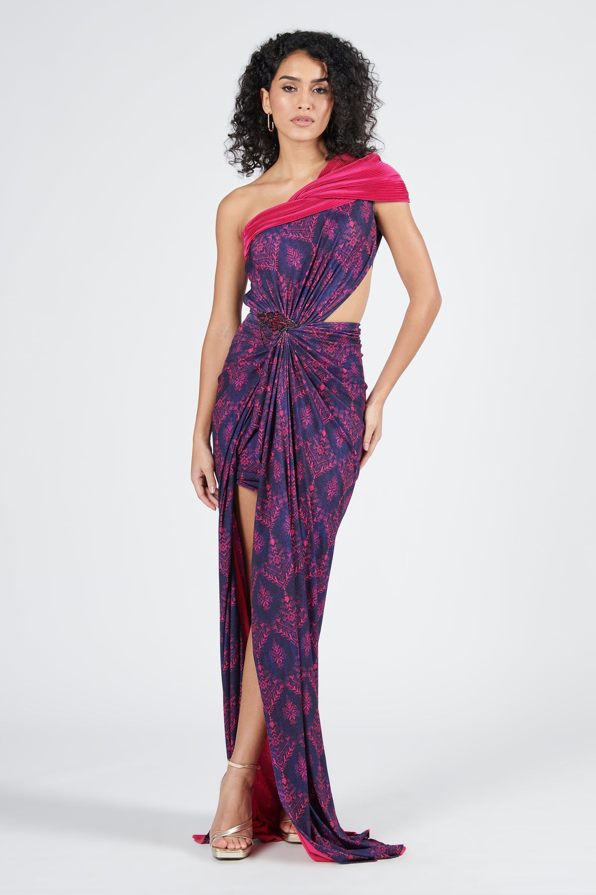 Twisted Draped Print Saree Gown