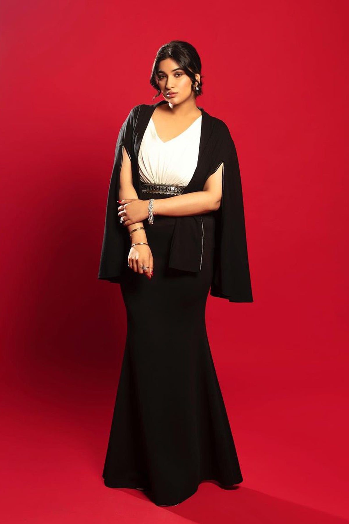 Colour Block Saree Gown with Attached Belt