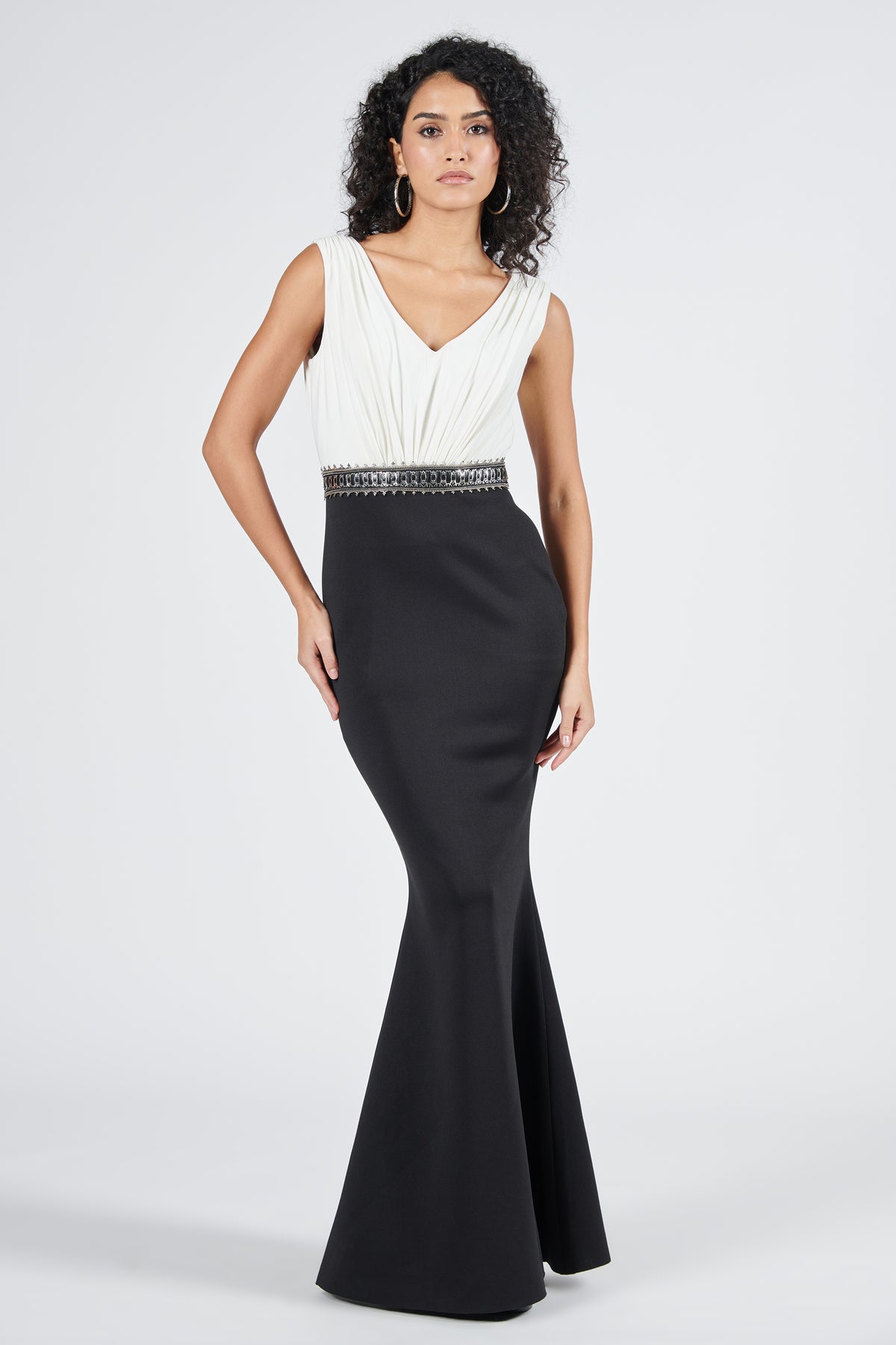 Colour Block Saree Gown with Attached Belt
