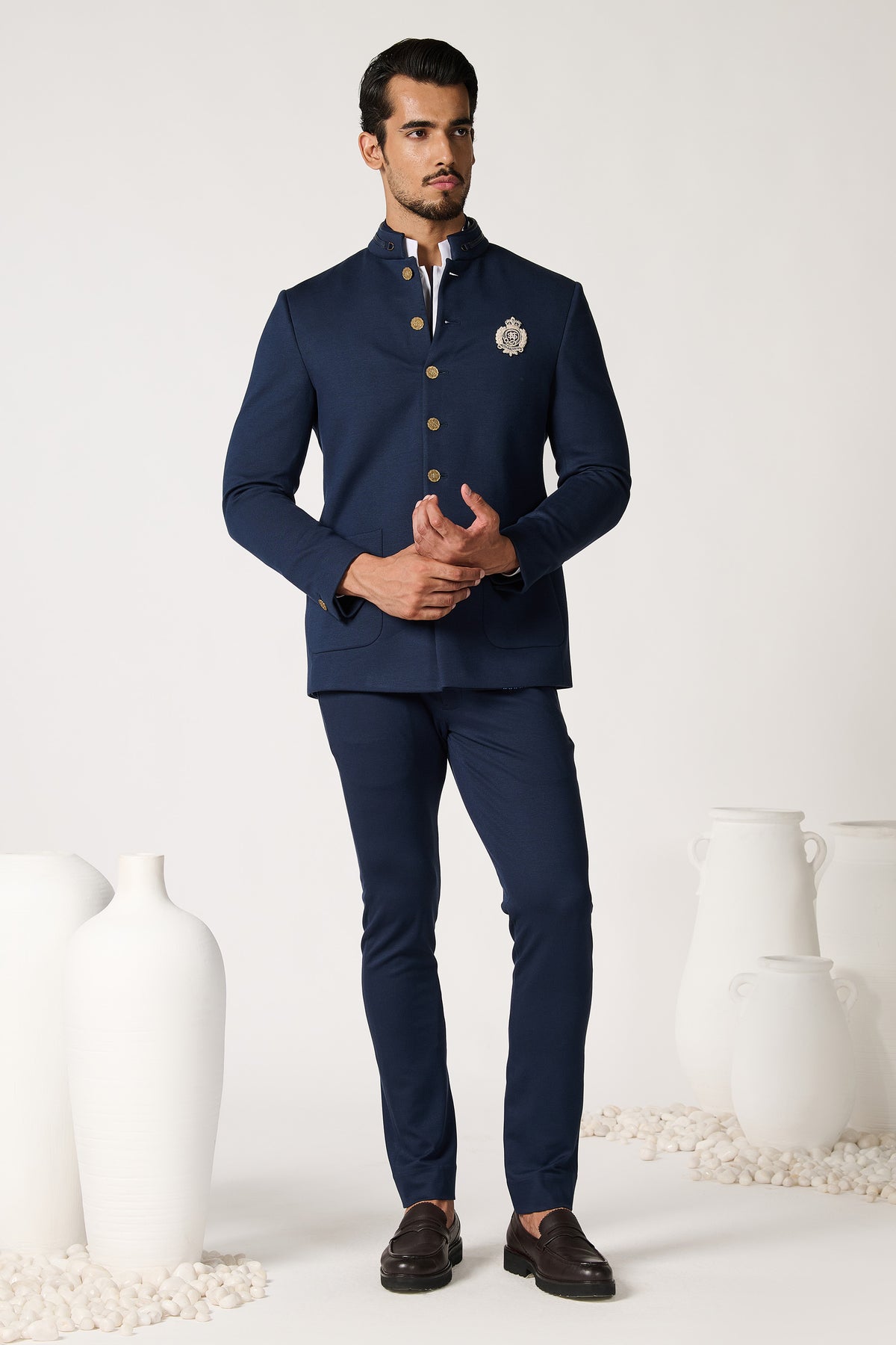 Navy Bandhgala with Contrasting crest