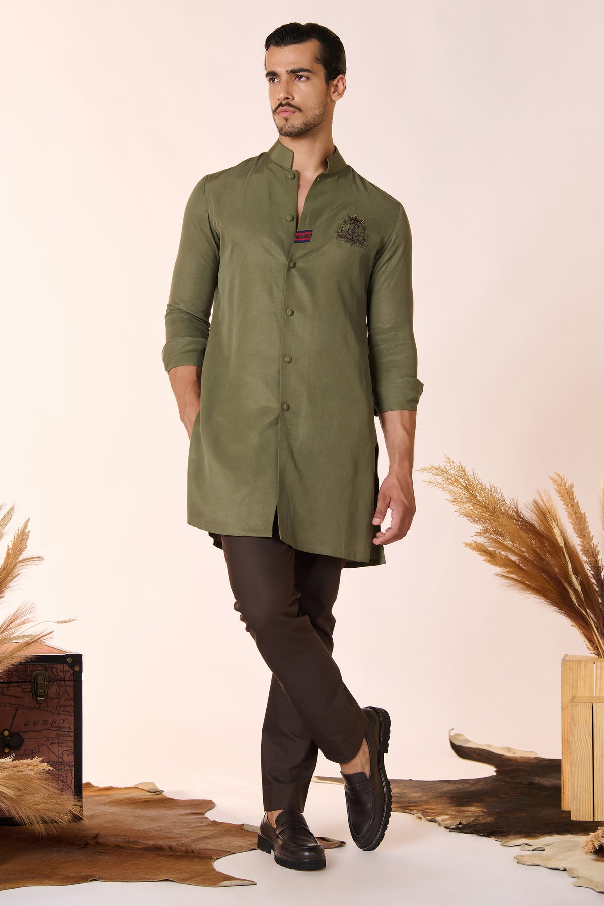 Olive Crested Shirt Kurta