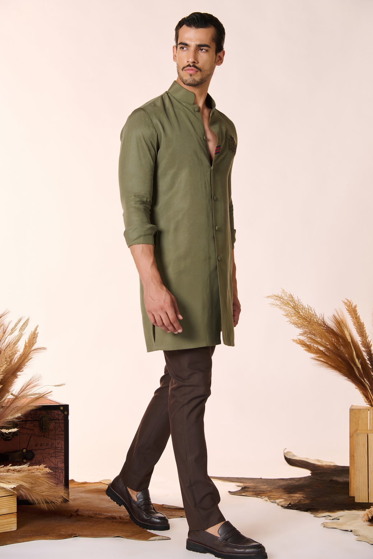 Olive Crested Shirt Kurta