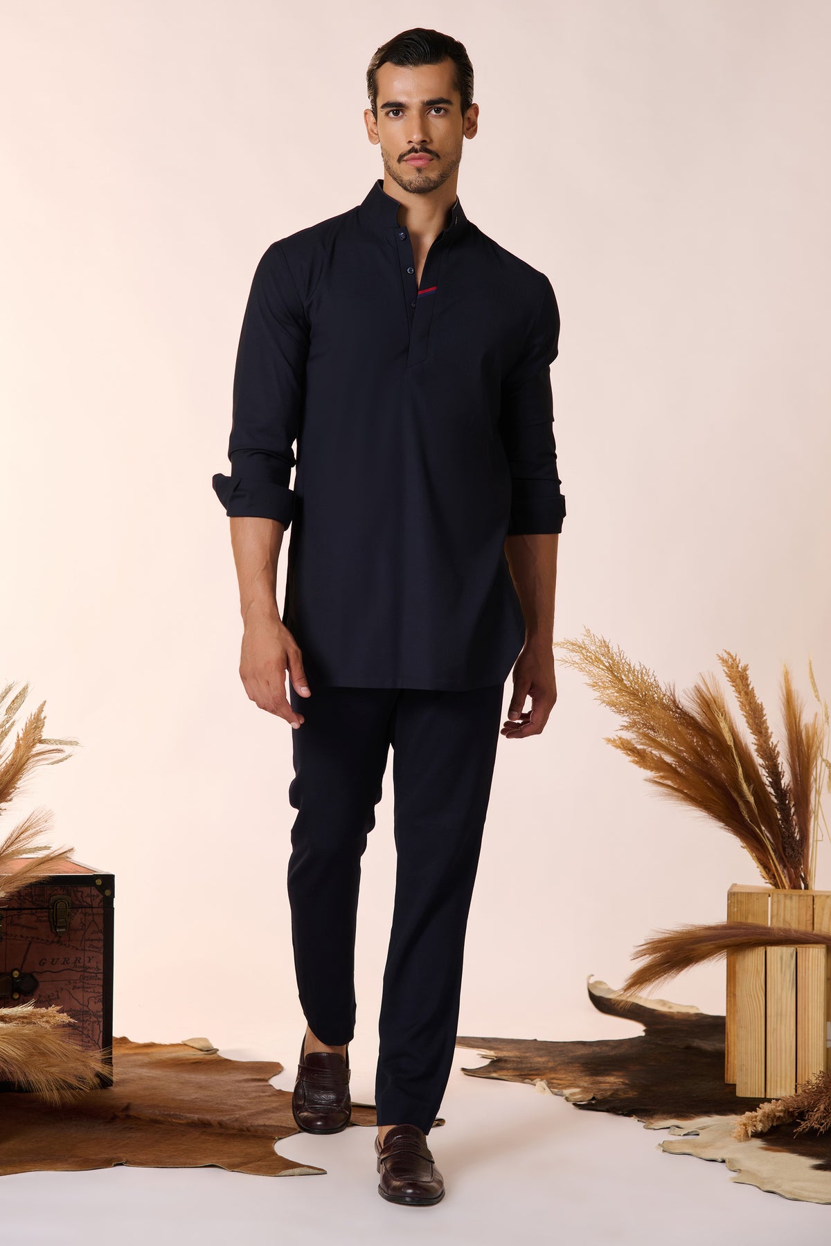 Navy Tape-Detail Classic Kurta