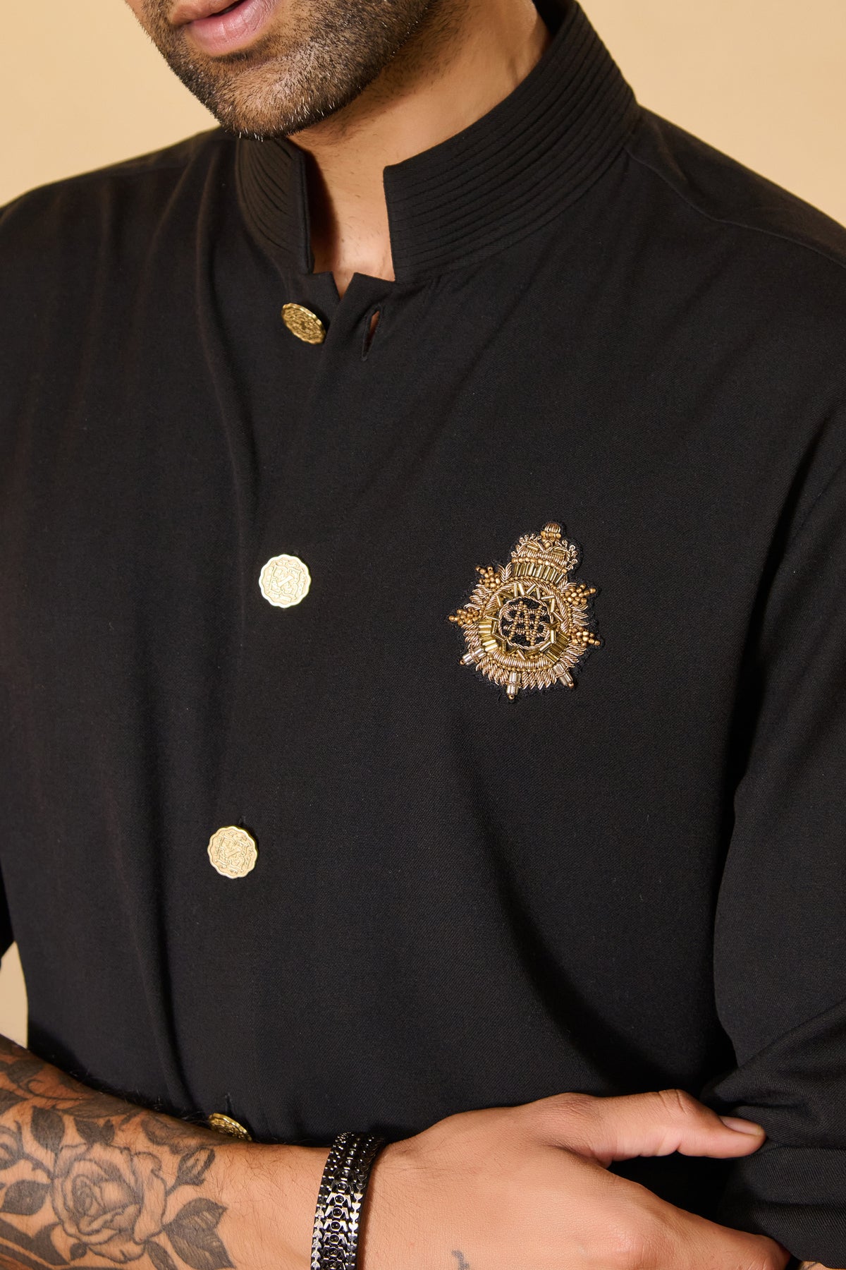 Black Crested Kurta with Anna Buttons