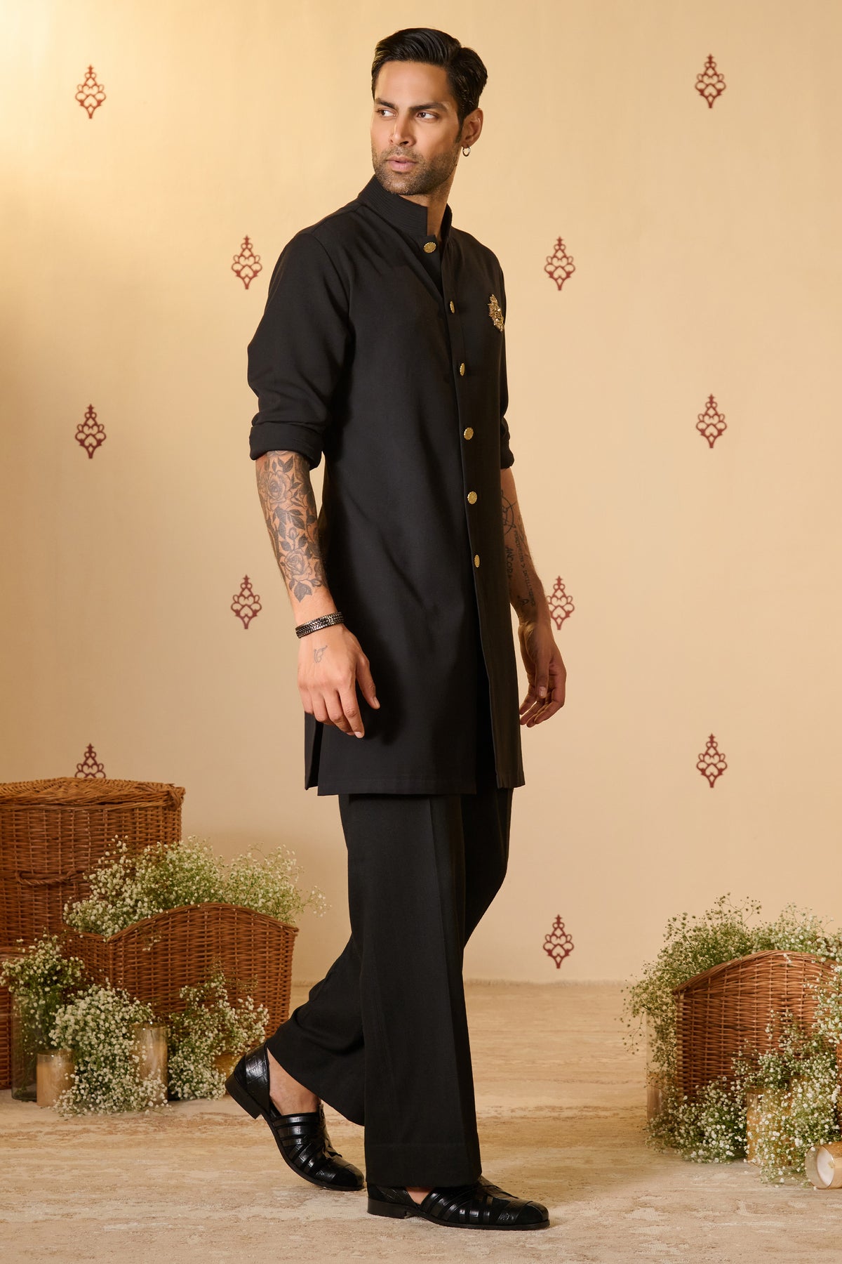 Black Crested Kurta with Anna Buttons