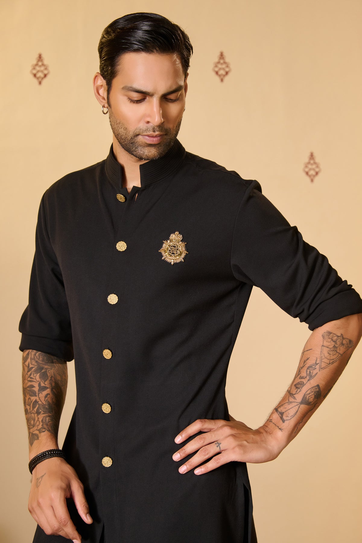 Black Crested Kurta with Anna Buttons