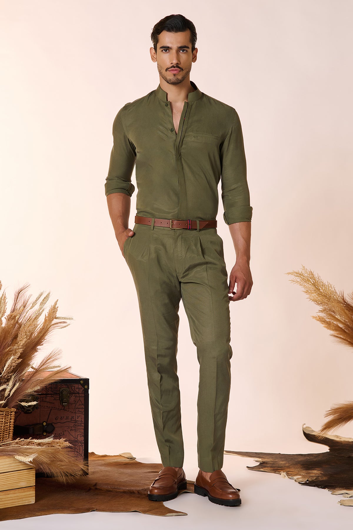 Olive Band Collar Shirt