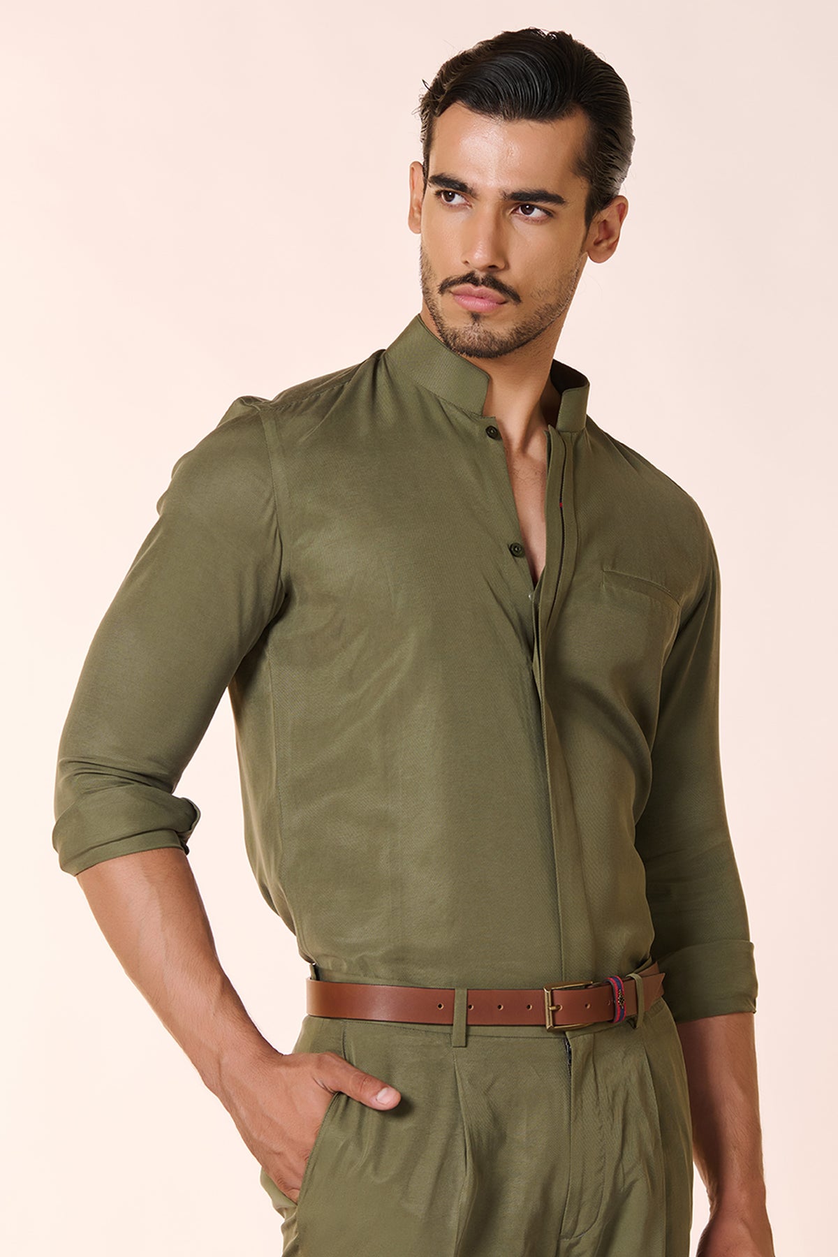 Olive Band Collar Shirt