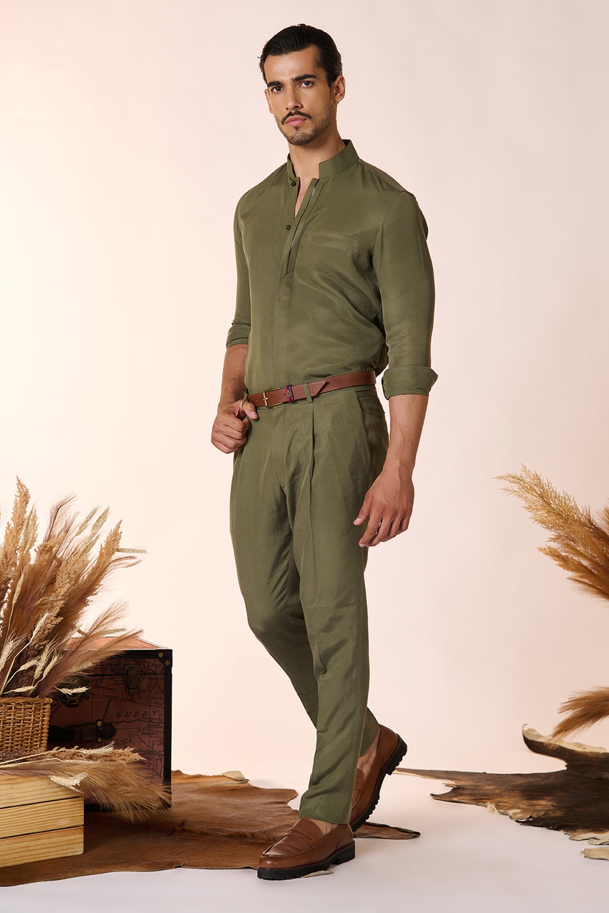 Olive Band Collar Shirt