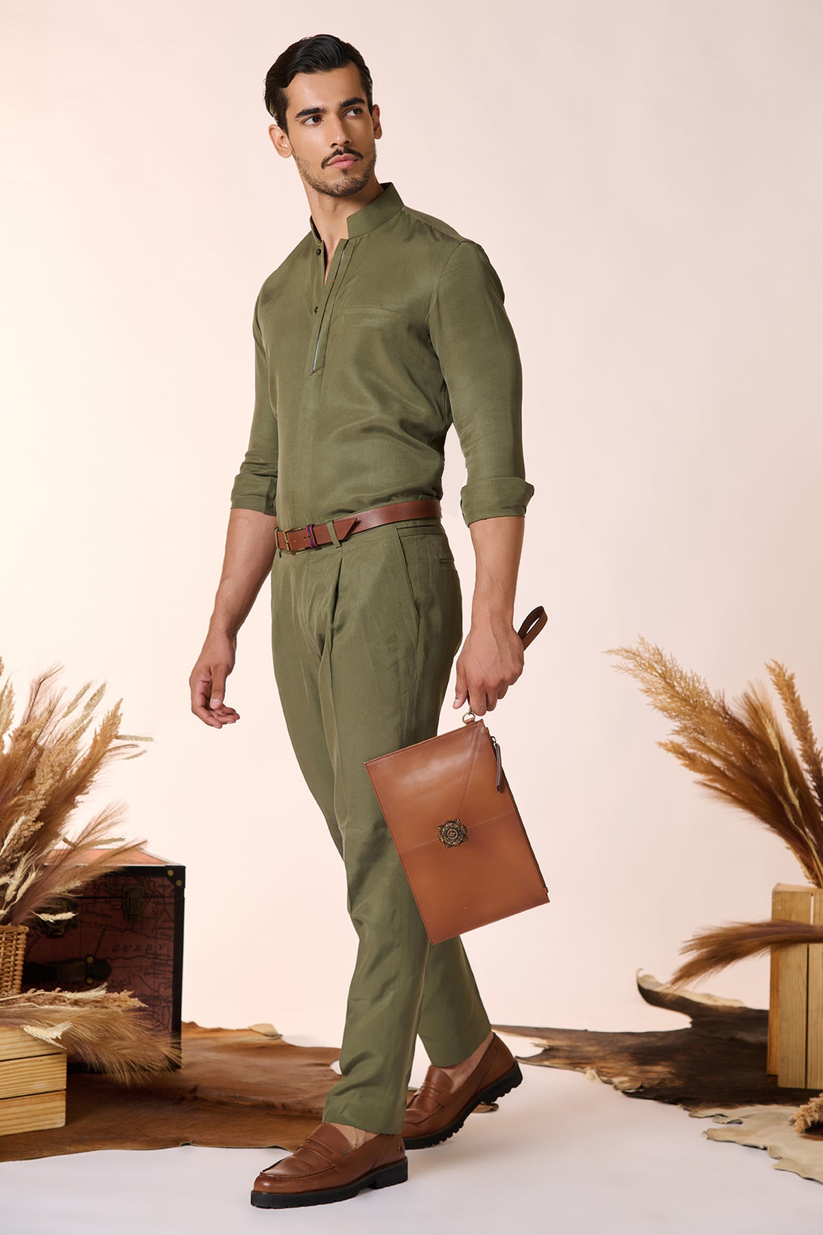 Olive Band Collar Shirt