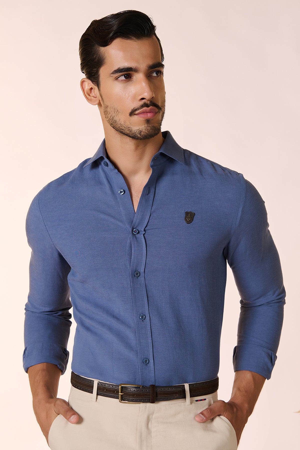 Navy Linen Shirt with Crest
