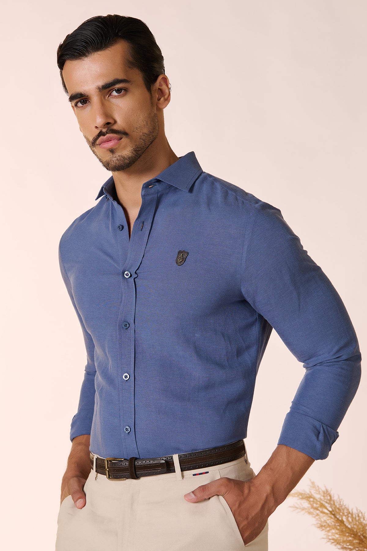 Navy Linen Shirt with Crest
