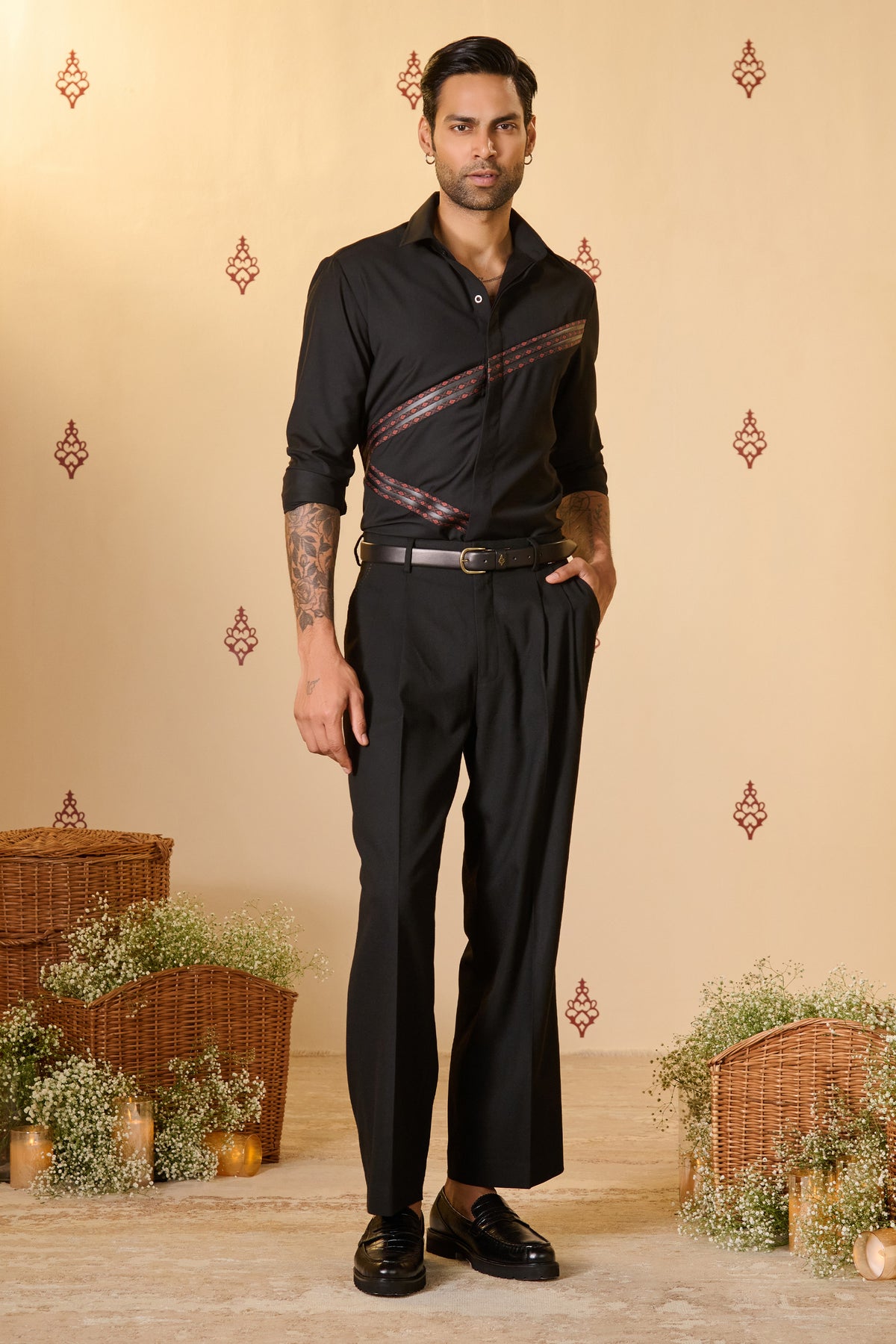 Black Shirt with Asymmetric Leather Penal