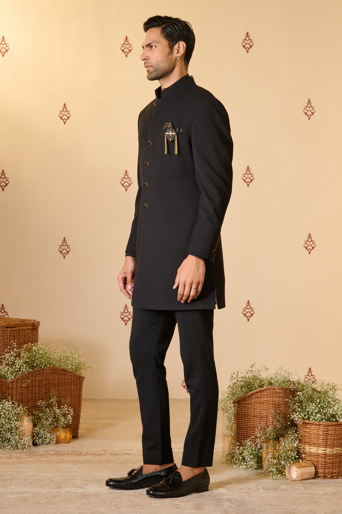 Black Sherwani with Swirl Buttons