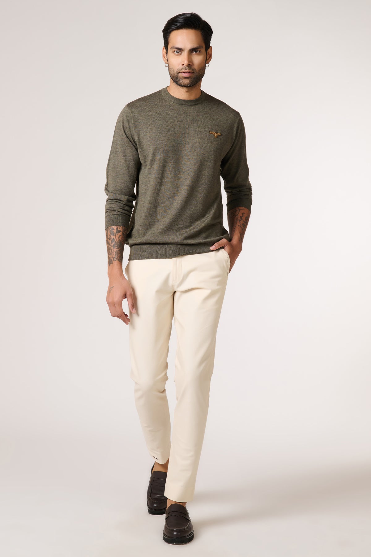 Olive Marino Wool Eagle Crested Sweater