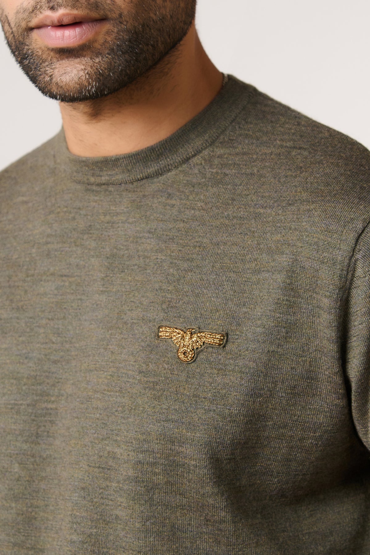 Olive Marino Wool Eagle Crested Sweater