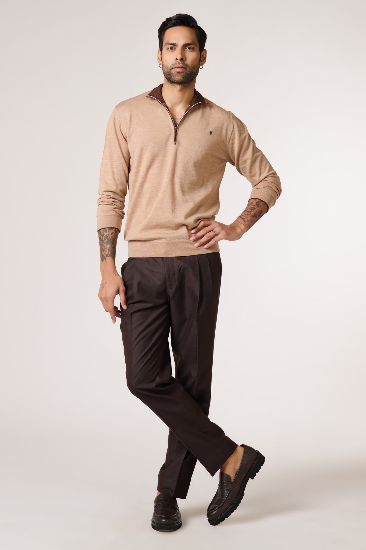 Beige Marino Wool Raised Neck Jumper