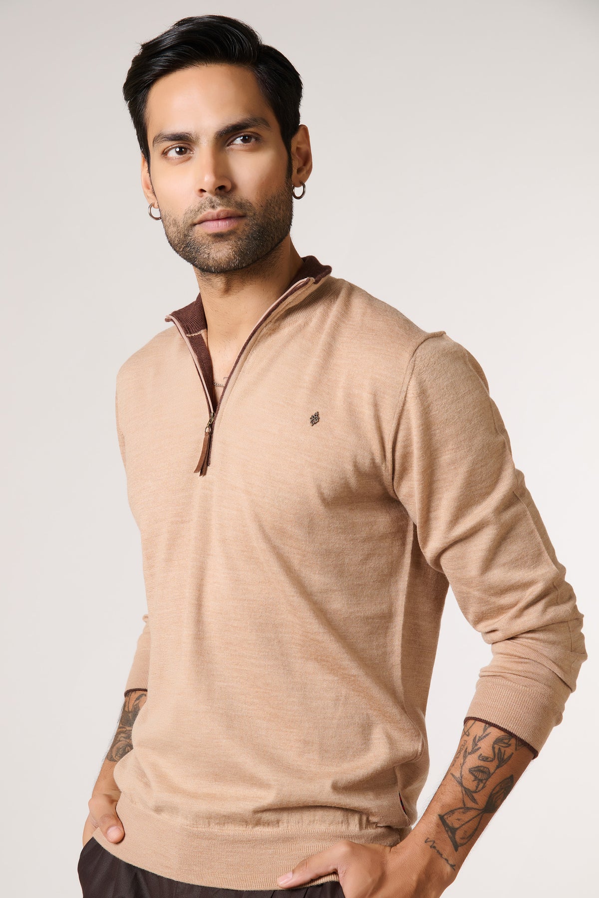 Beige Marino Wool Raised Neck Jumper