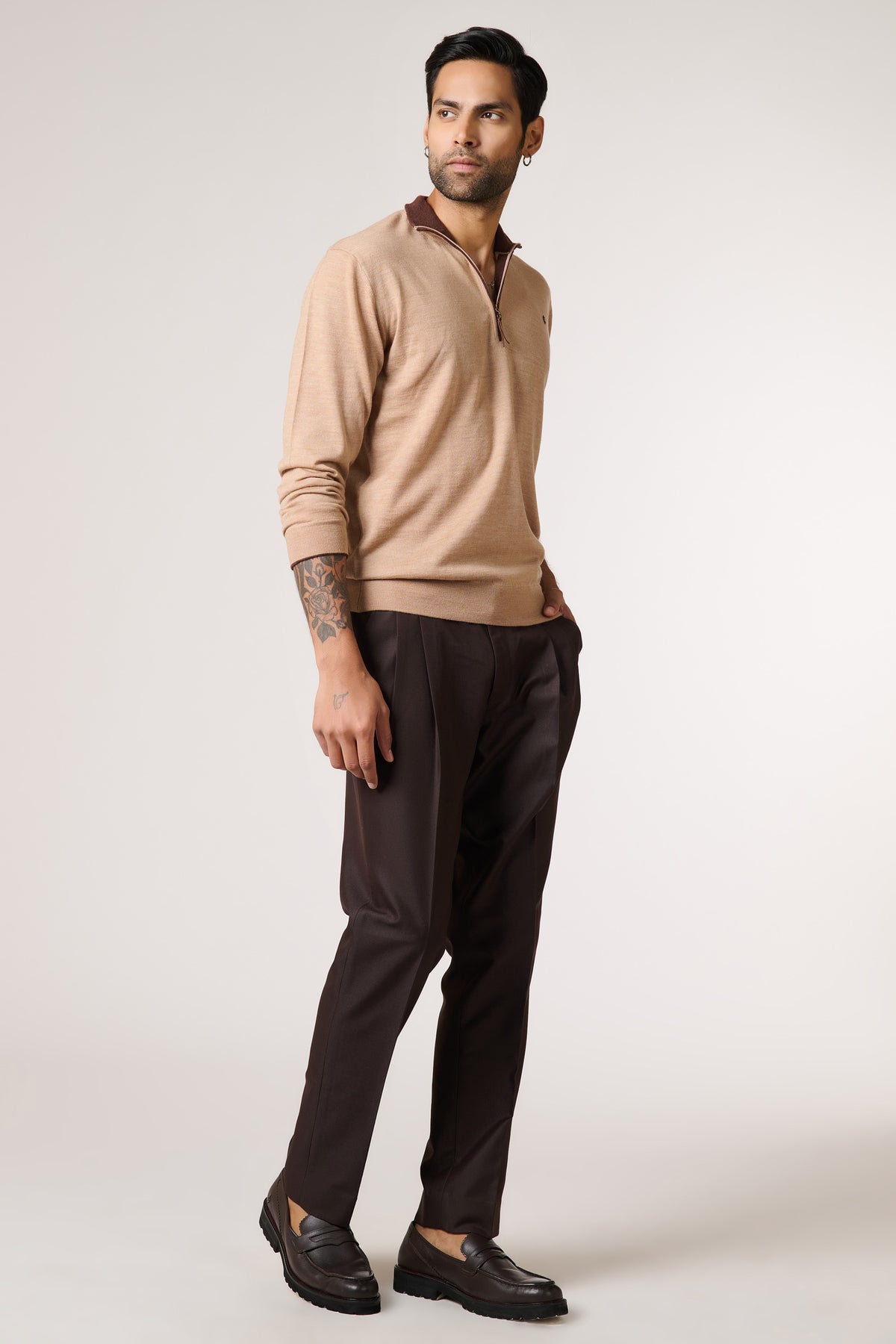 Beige Marino Wool Raised Neck Jumper