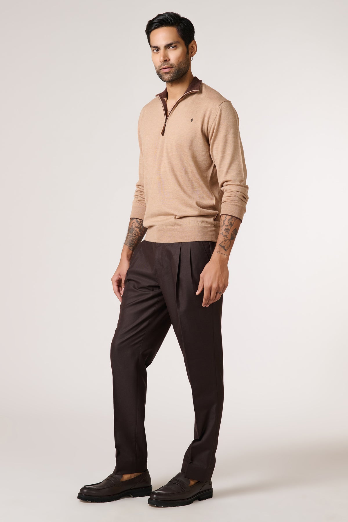Beige Marino Wool Raised Neck Jumper