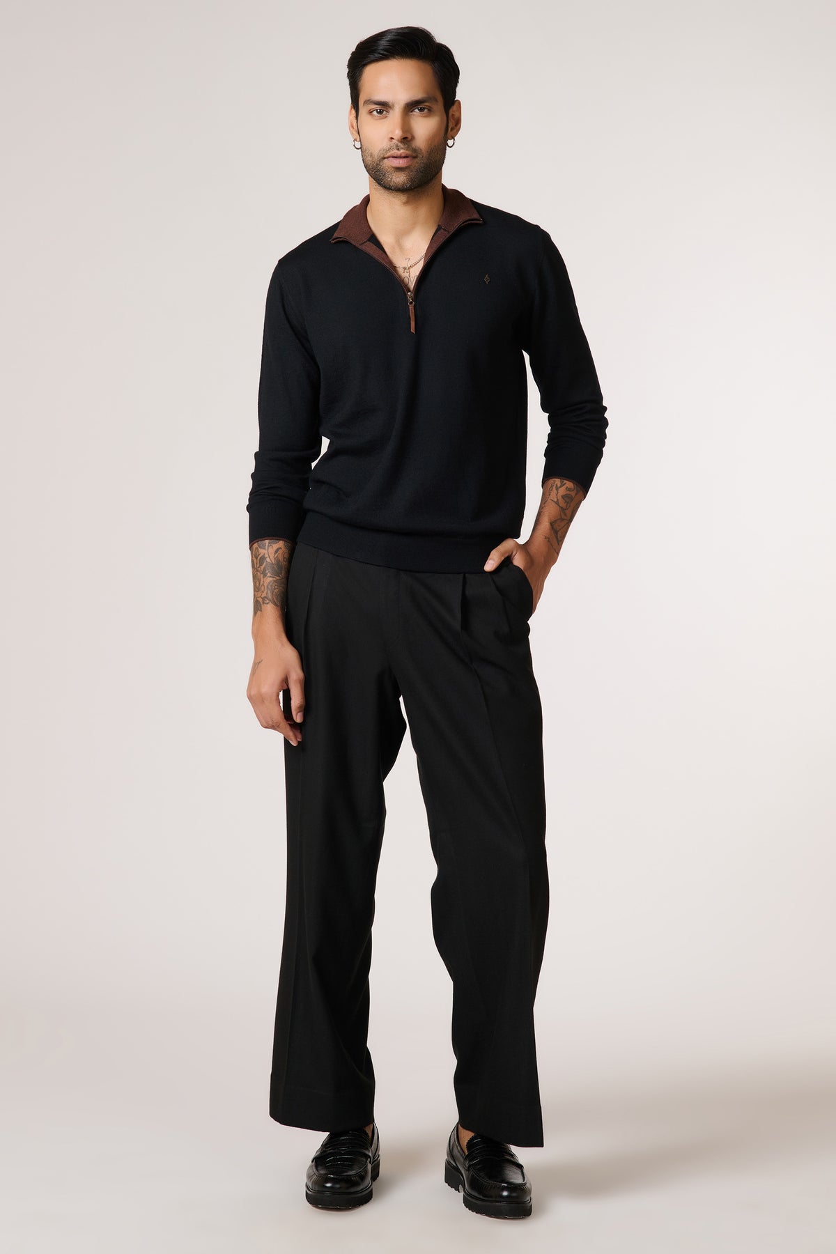 Black Marino Wool Raised Neck Jumper